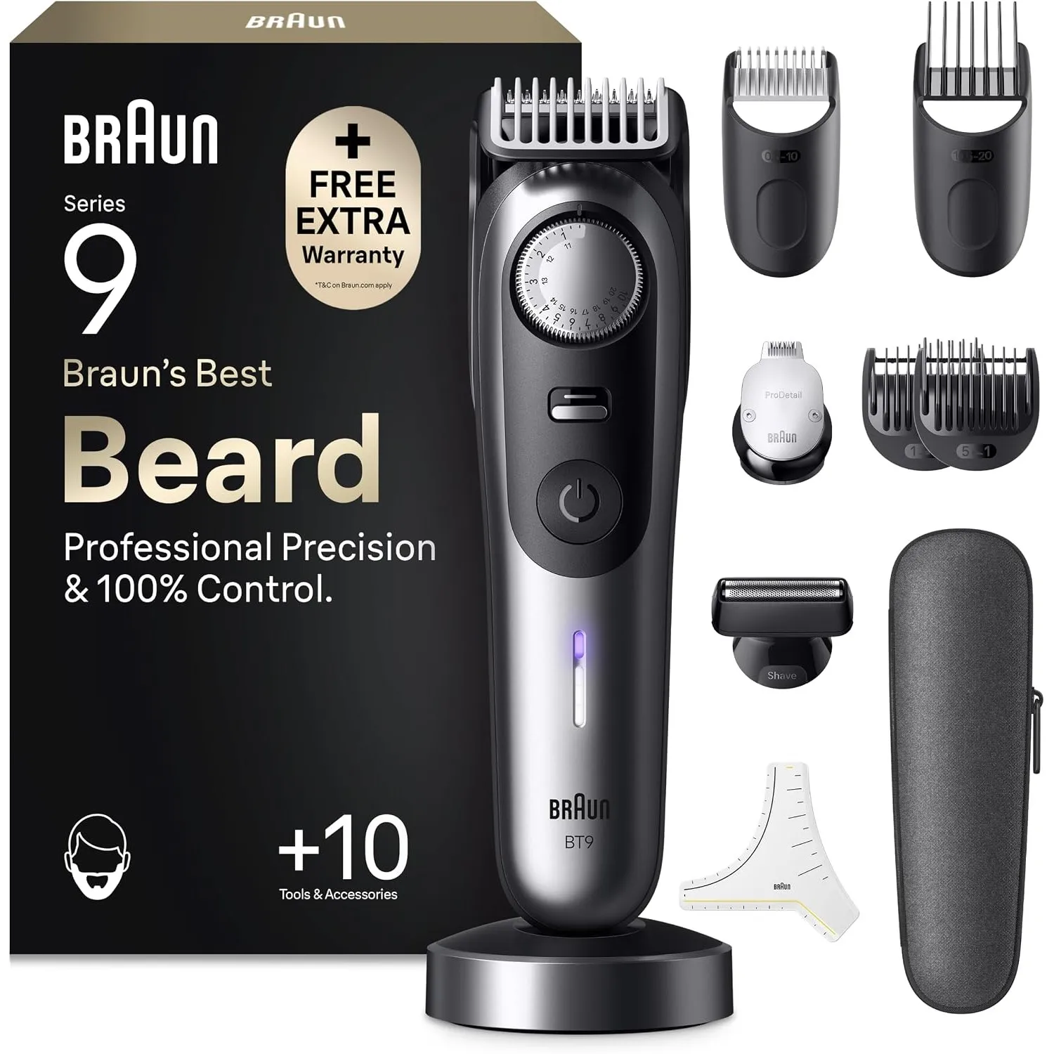 Braun Barttrimmer Series 9, Kabelloser Bartschneider Herren, BT9545, Chrom