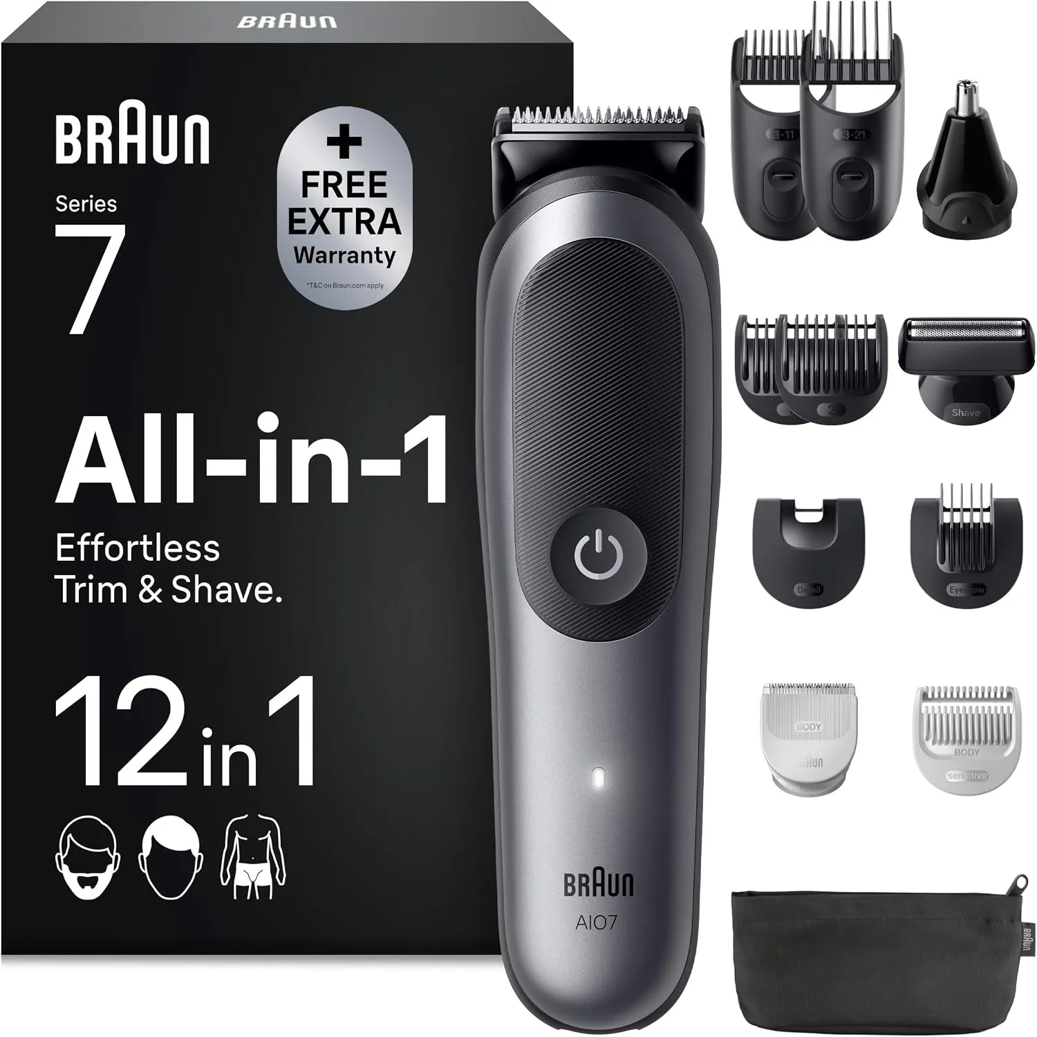 Braun Multigroom All-in-One Series 7, 12-in-1 Trimmer, AIO7545, Grau