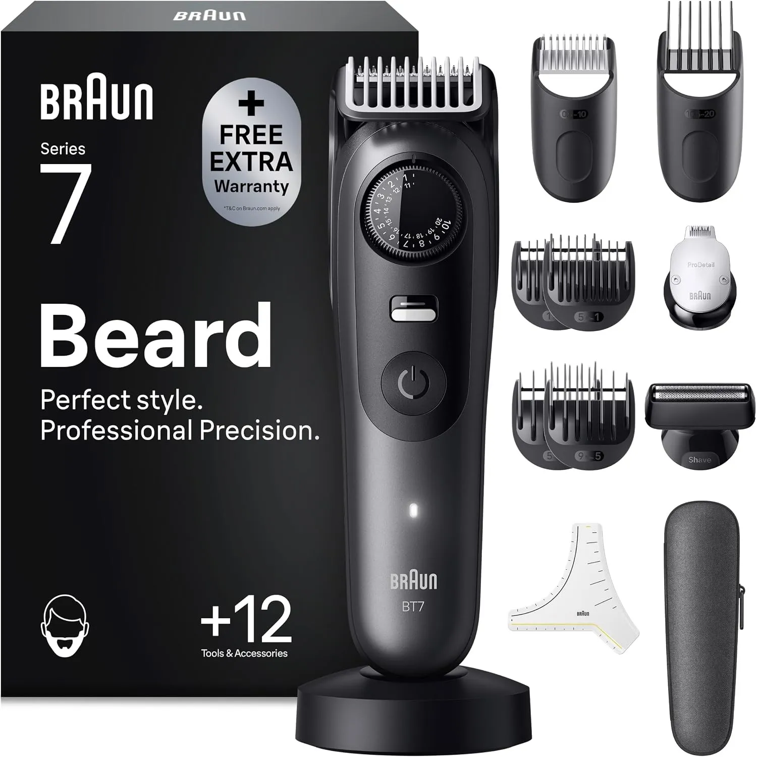 Braun Barttrimmer Series 7, Kabelloser Bartschneider Herren, BT7545, Grau