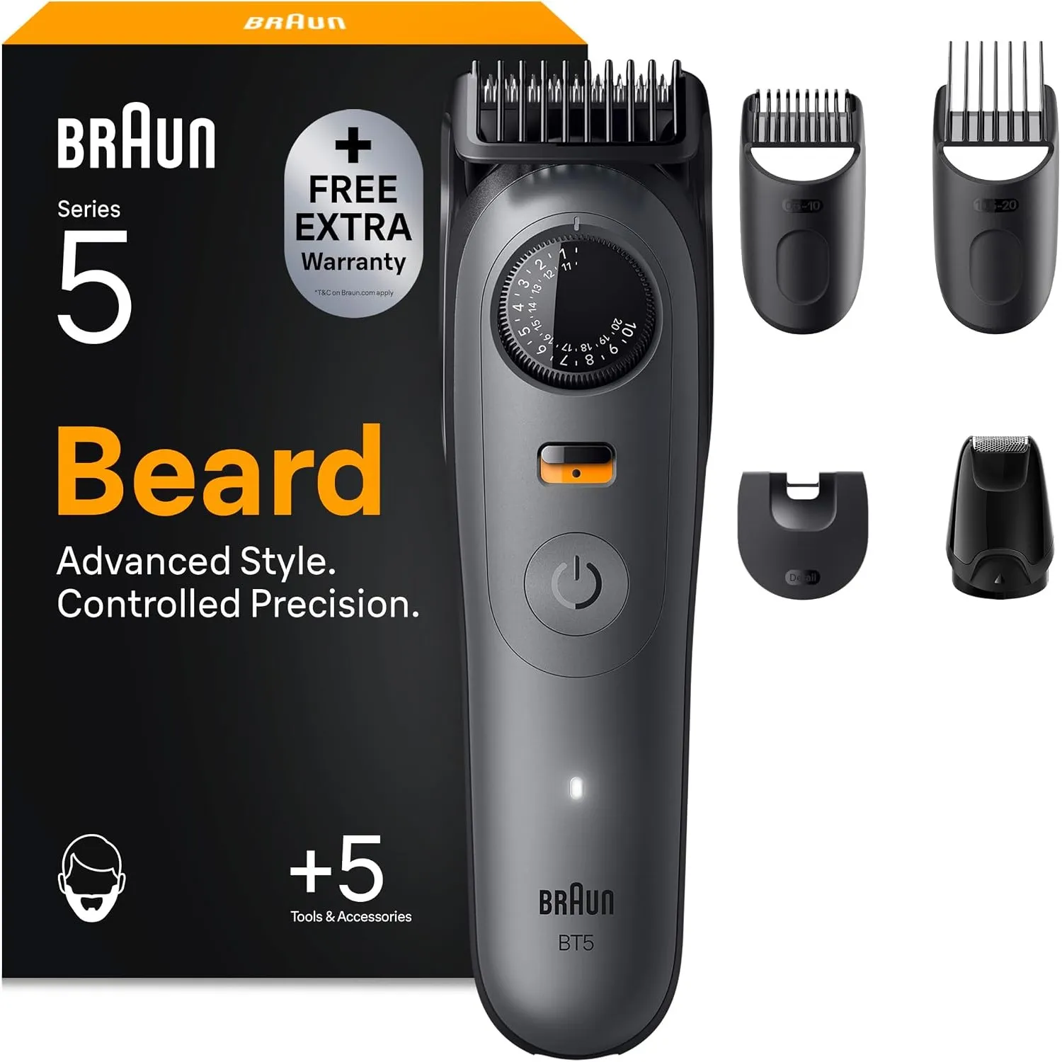 Braun Barttrimmer Series 5, Kabelloser Bartschneider Herren, BT5525, Grau