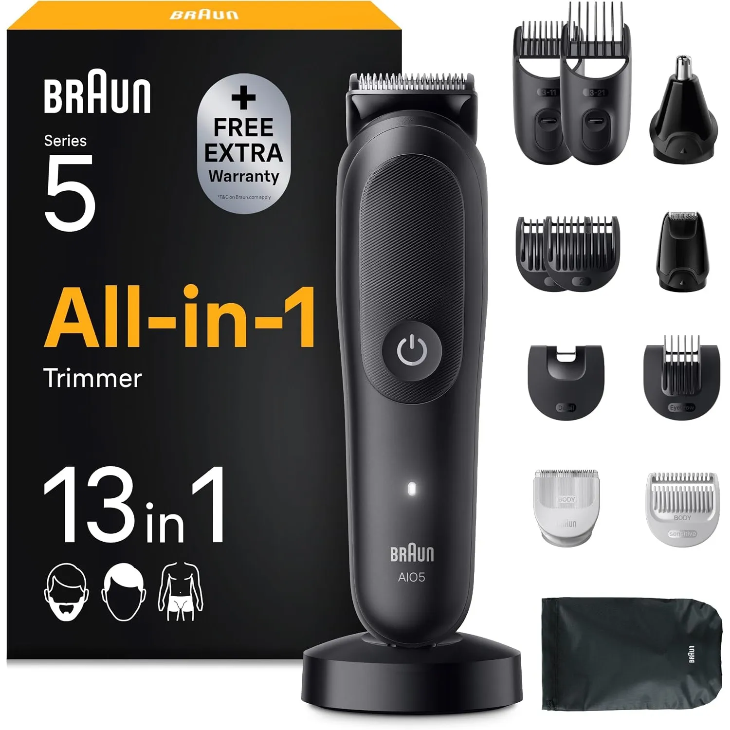 Braun Multigroom All-in-One Series 5, 13-in-1 Trimmer, AIO5565, Schwarz