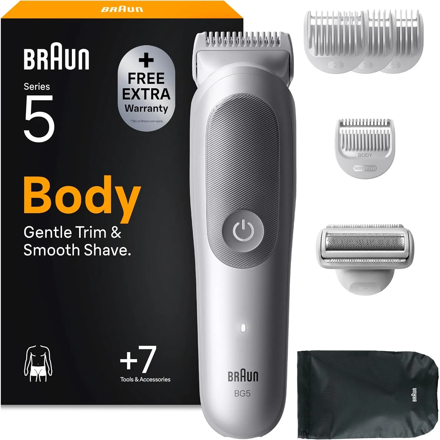 Braun Bodygroomer Series 5, Kabelloser Körperrasierer Herren, BG5555, Grau