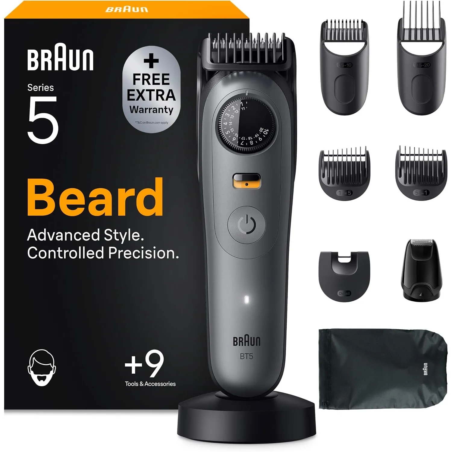 Braun Barttrimmer Series 5, Kabelloser Bartschneider Herren, BT5565, Grau