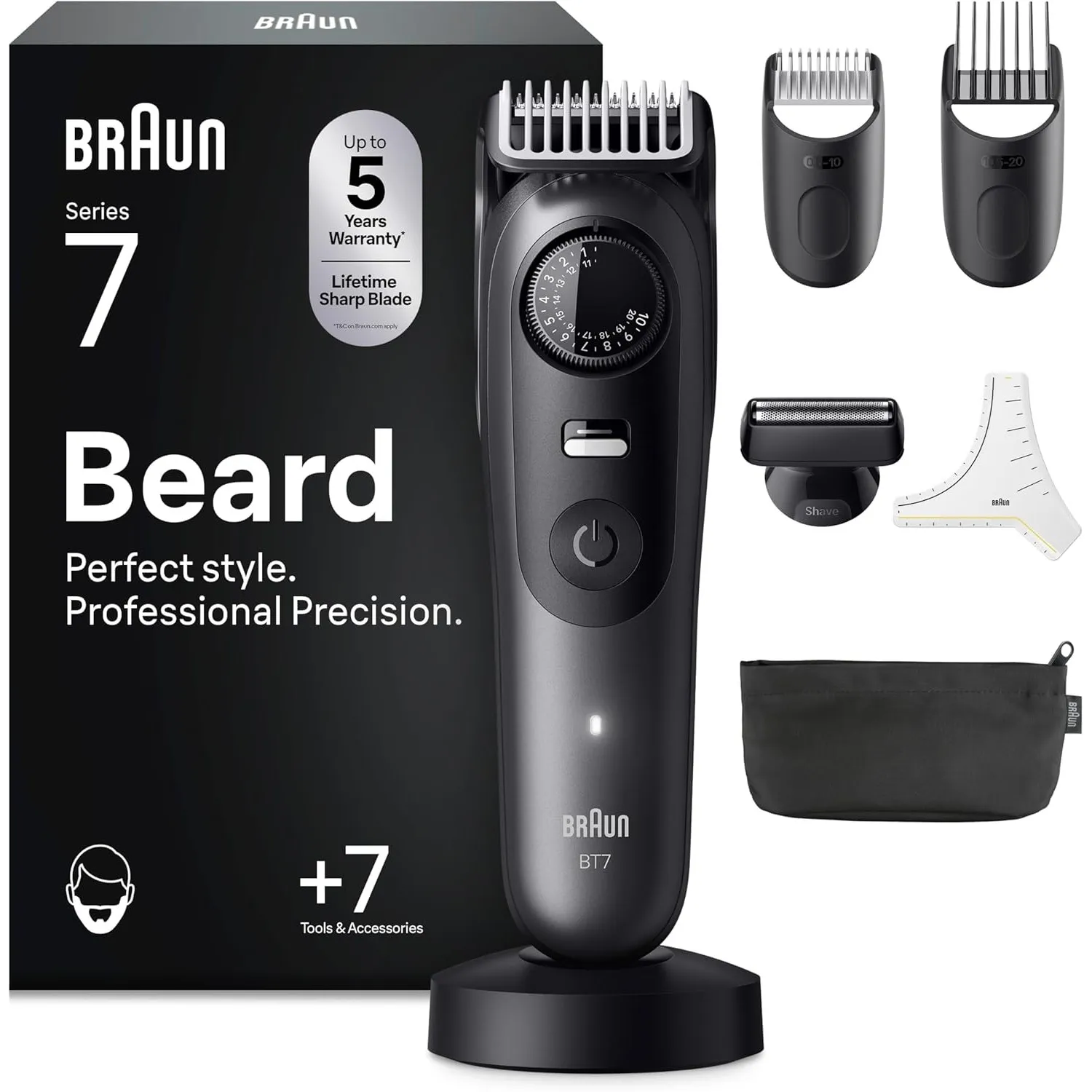 Braun Barttrimmer Series 7, Kabelloser Bartschneider Herren, BT7525, Grau
