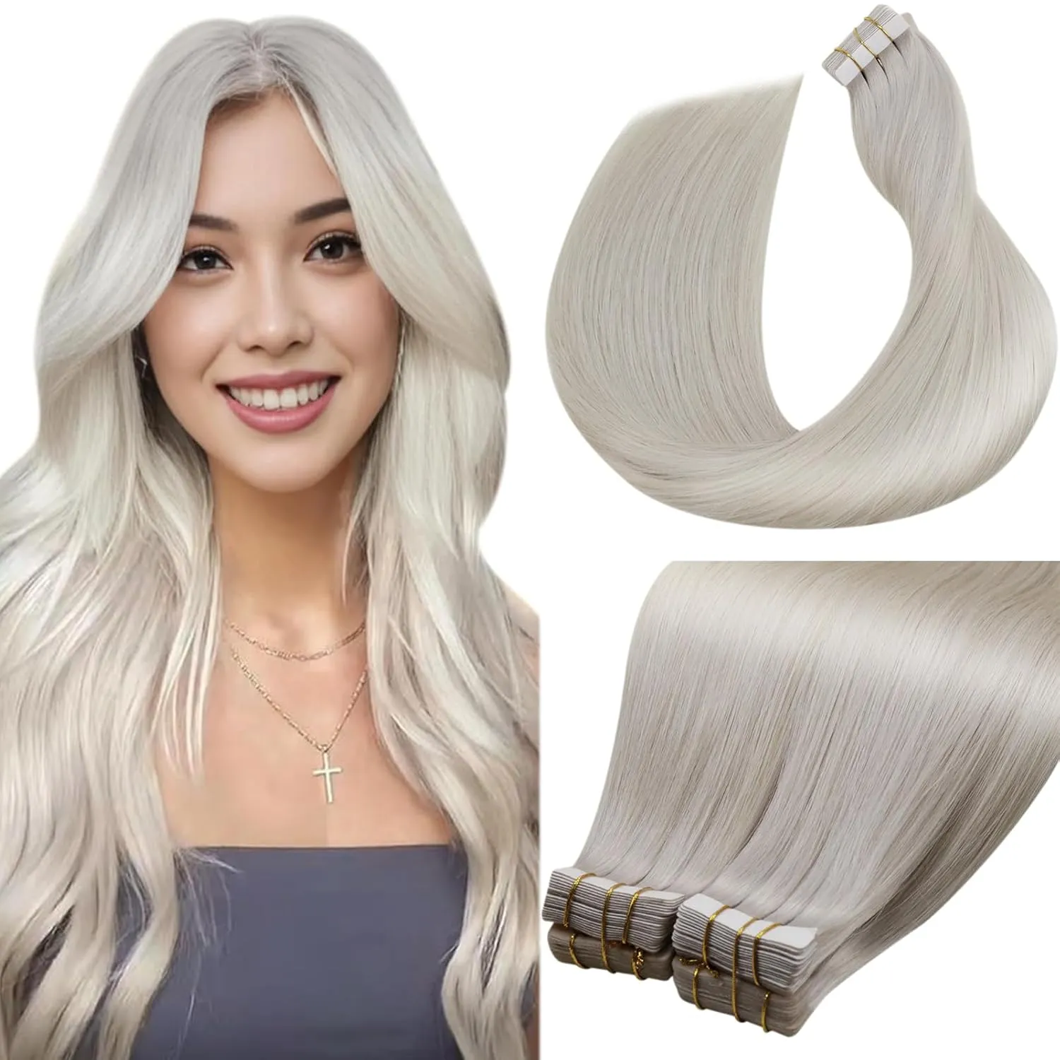 LaaVoo Echthaar Extensions Tape Blond Haar Extensions Echthaar Tape 60cm Remy Menschenhaar Platinblond Haarverlängerung…