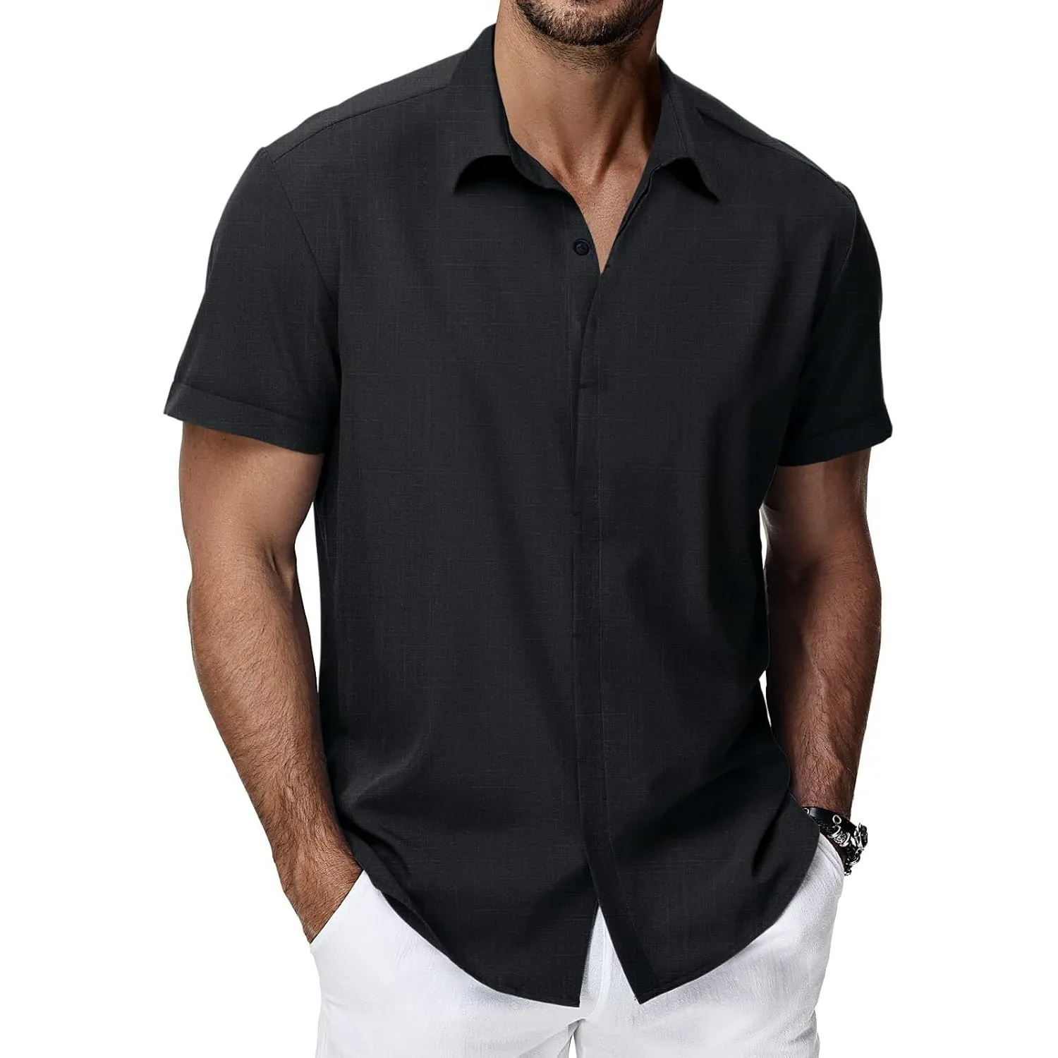 HMIYA Herren Hemd Baumwolle Hemd Sommer Freizeithemd Businesshemd Regular Fit Kurzarmhemd