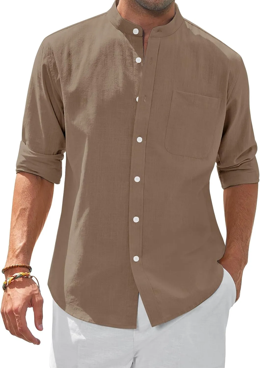 siliteelon Men's Linen Shirt Long Sleeve Stand-Up Collar Linen Shirt Men's Casual Shirt Casual Regular Fit Summer Stand…