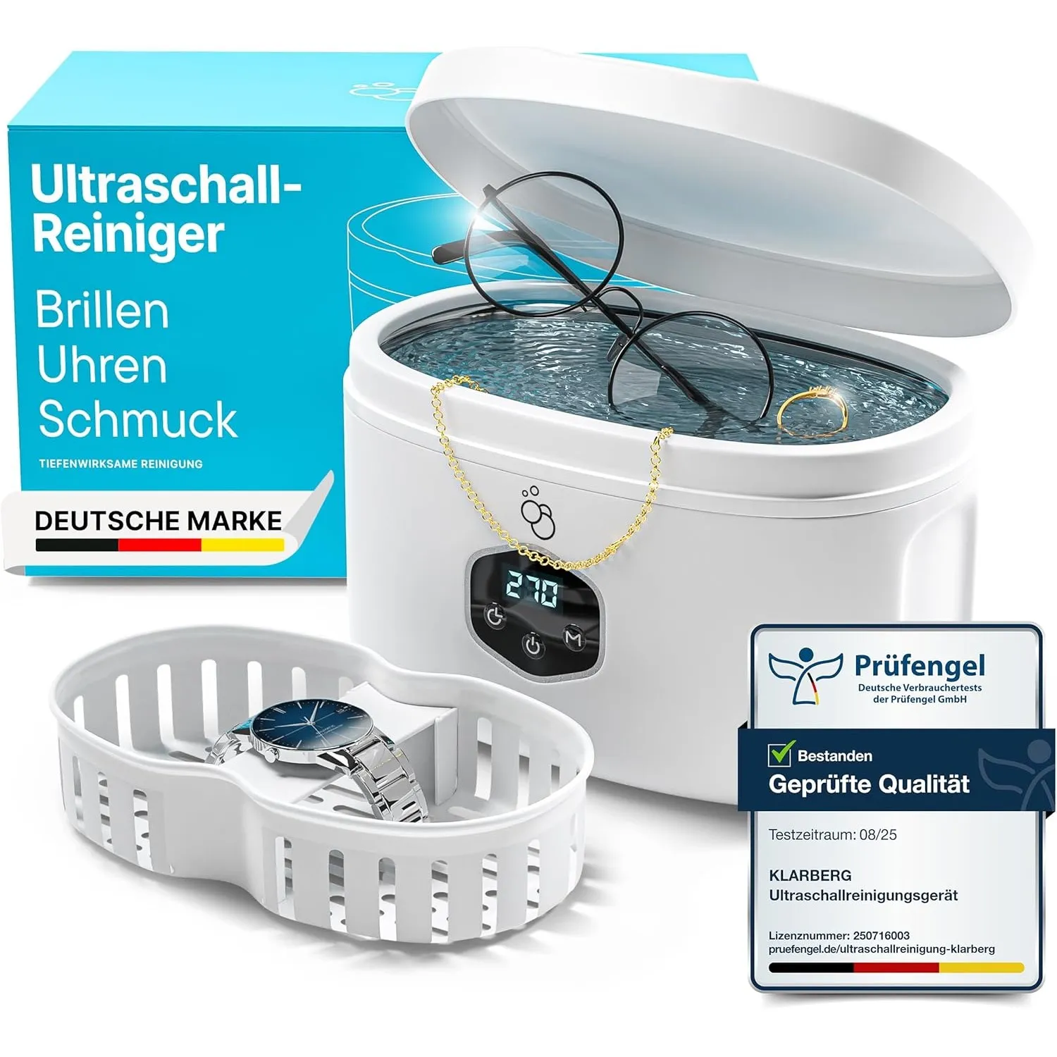 KLARBERG Ultraschallreinigungsgerät 600ml für Brille, Schmuck & Zahnschiene