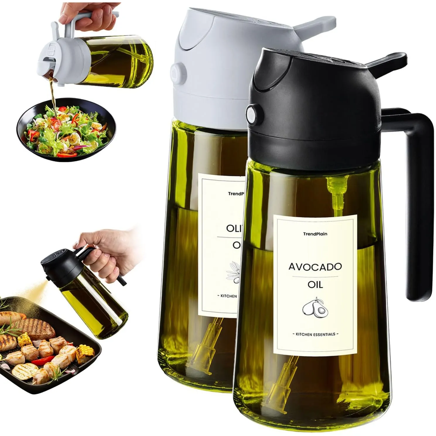 TrendPlain 16oz Ölsprüher für Speiseöl – 470ml Olivenöl Flasche – 2-in-1 Ölspender und Ölsprüher – Küchen Gadgets für K…