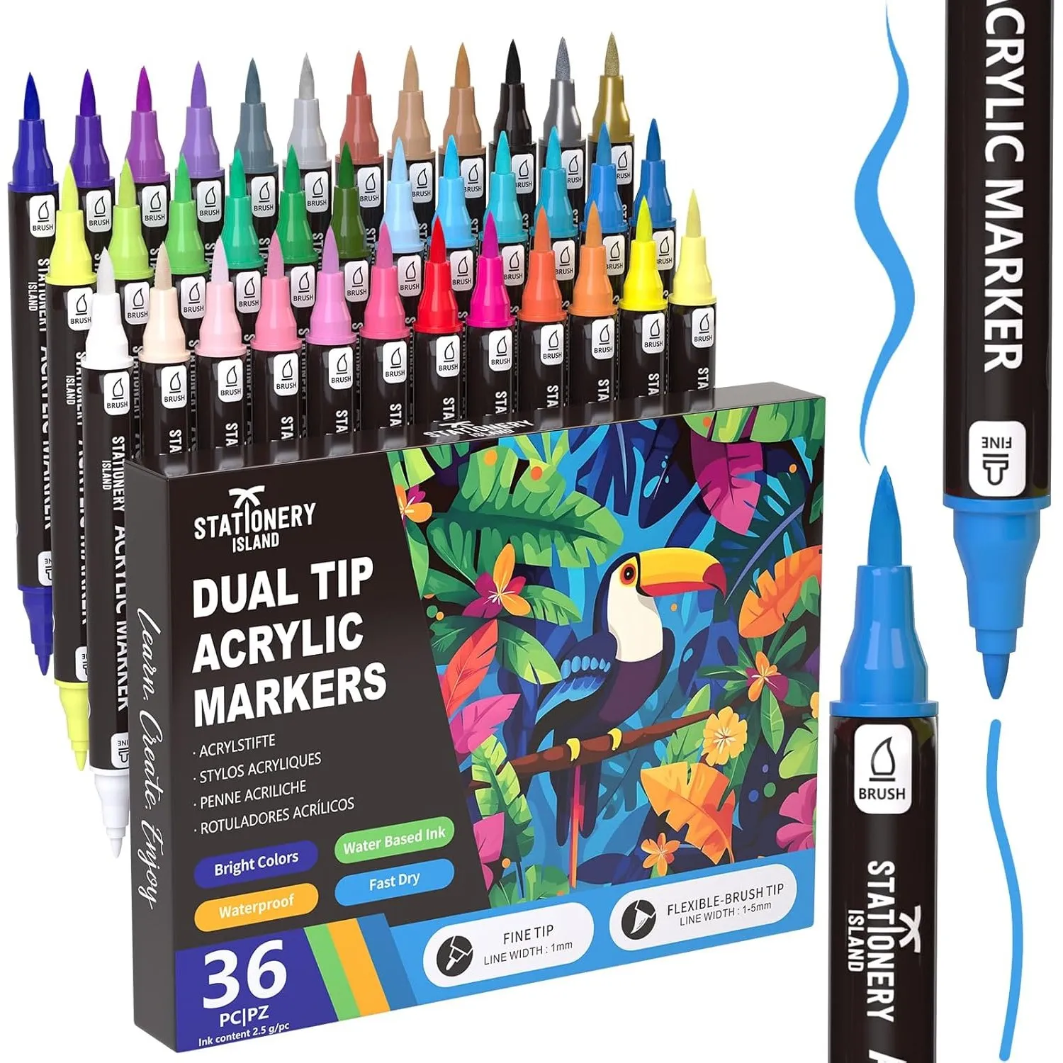 STATIONERY ISLAND Acrylstifte für Steine Wasserfest 36 Farben 1-5mm Dual Tip Acrylmarker für Halloween Basteln, Kürbis …