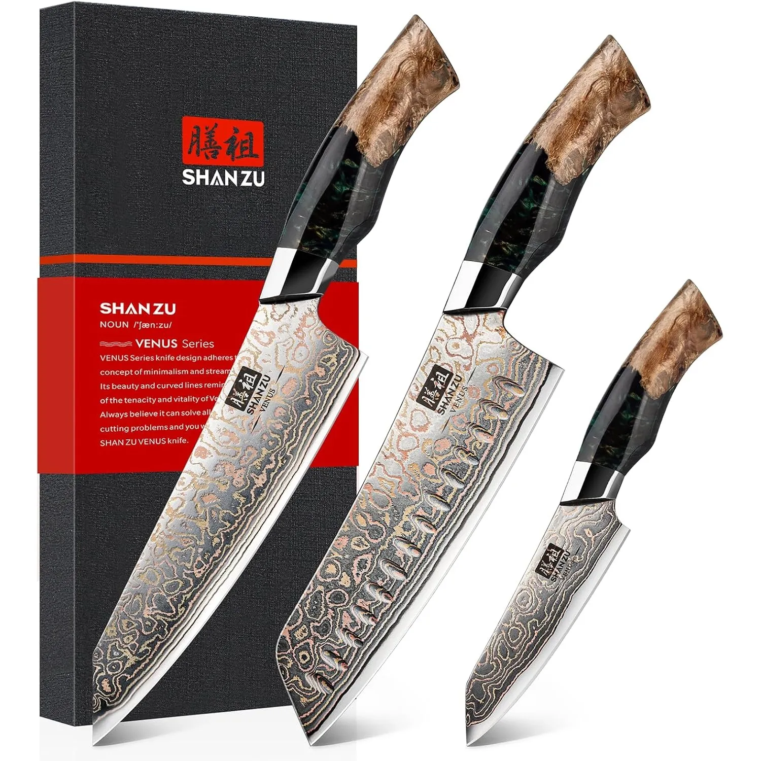 SHAN ZU Damast Küchenmesser Set 3-tlg, 33-Schichten Damaststahl & Kupfer Japanisches Kochmesser Set, Rasiermesserscharf…