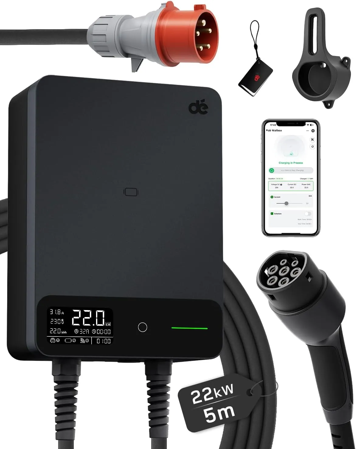 dé Wallbox 22 kW with App, 5 m Type 2 Charging Cable with Cable Holder, 3-Phase EV Charger (6-32A, 400V), for BEV/PHEV,…