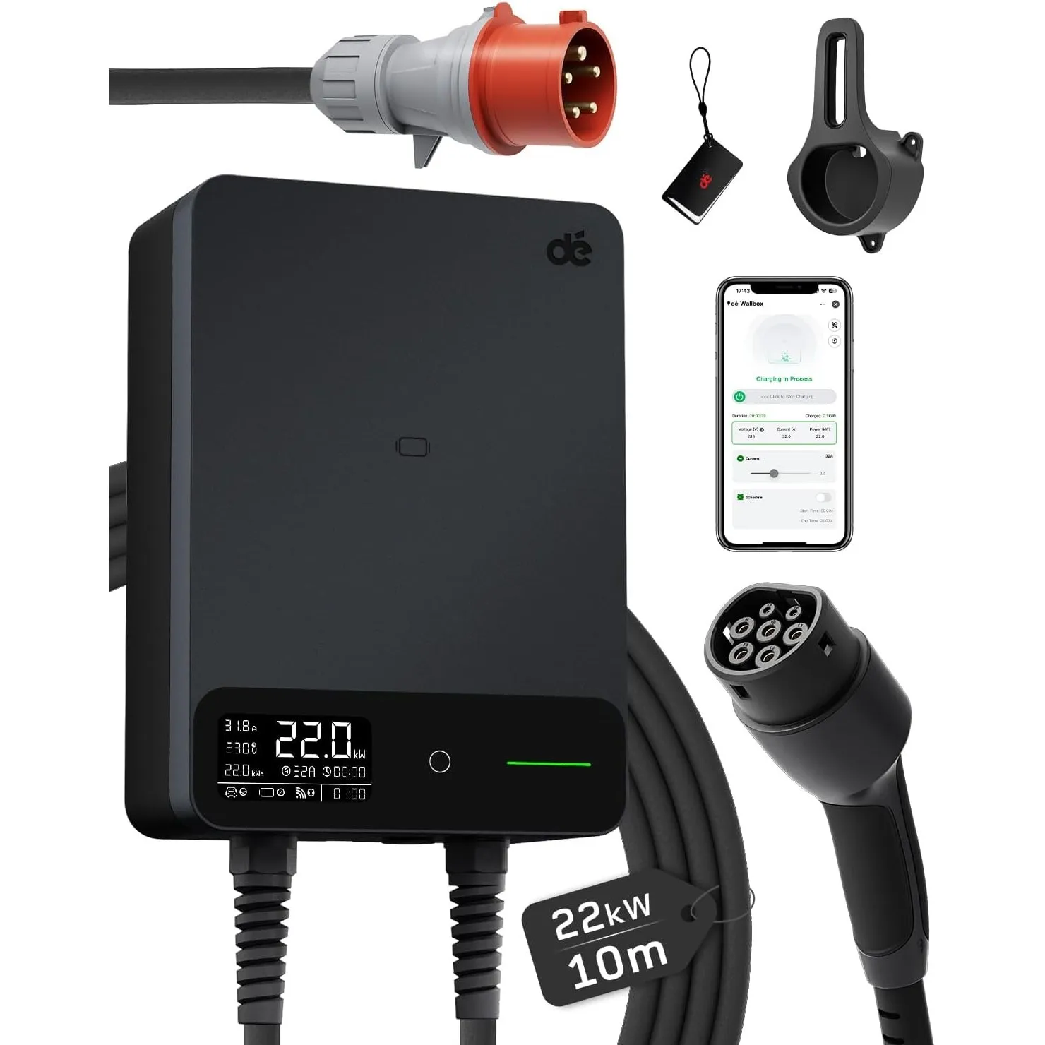 dé Wallbox 22kW mit APP, 10m Typ 2 Ladekabel mit Kabelhalter, 3-Phasen EV-Ladegerät (6-32A, 400V), für BEV/PHEV, RCD Ty…
