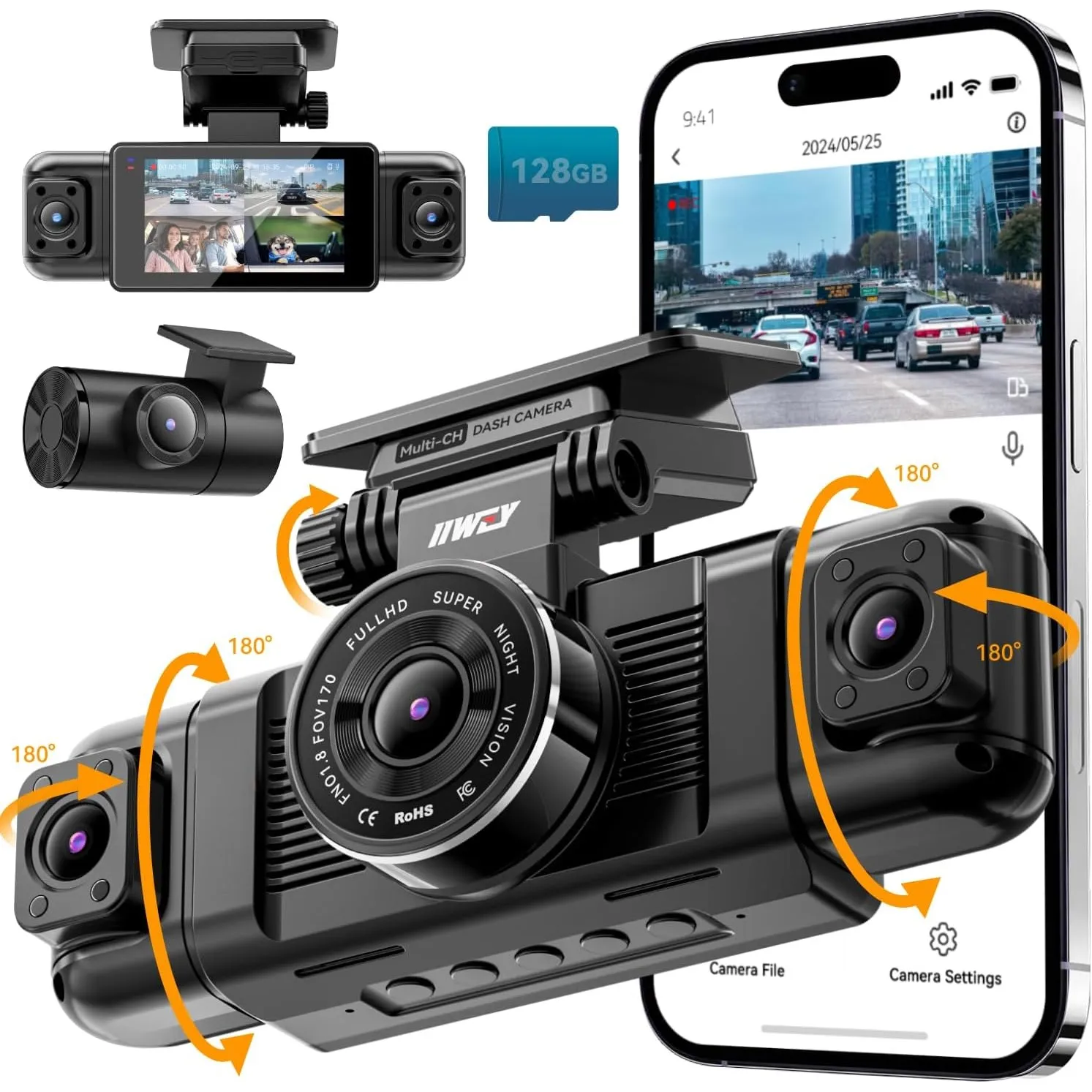 IIWEY N5 4-Kanal Dashcam 360° Rundumsicht 2K Front 1080p Rück & Innenkamera