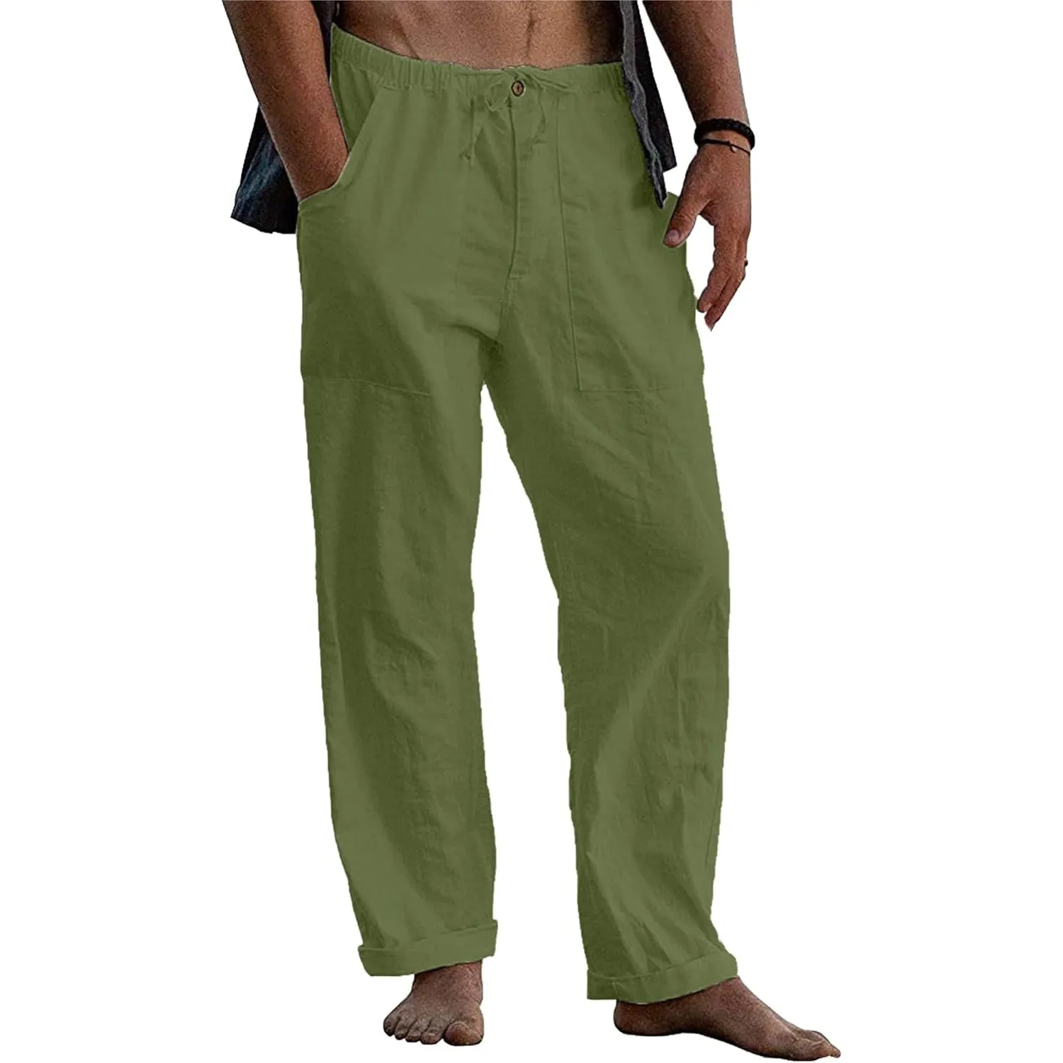 LVCBL Leinenhose Herren Sommer Herbst Lose Lässige Leinenhose mit Taschen Elastischer Bund