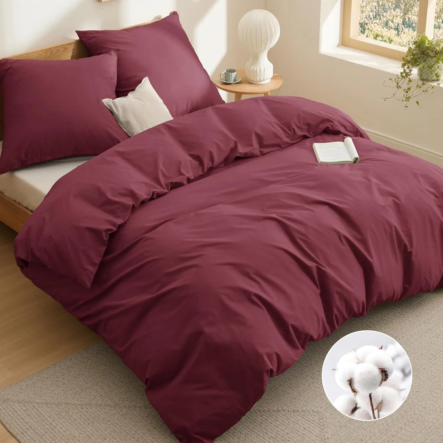 BEDSURE Bettwäsche 155x220 Baumwolle 3tlg. - Dunkelrot Set 2x80x80 Kissen
