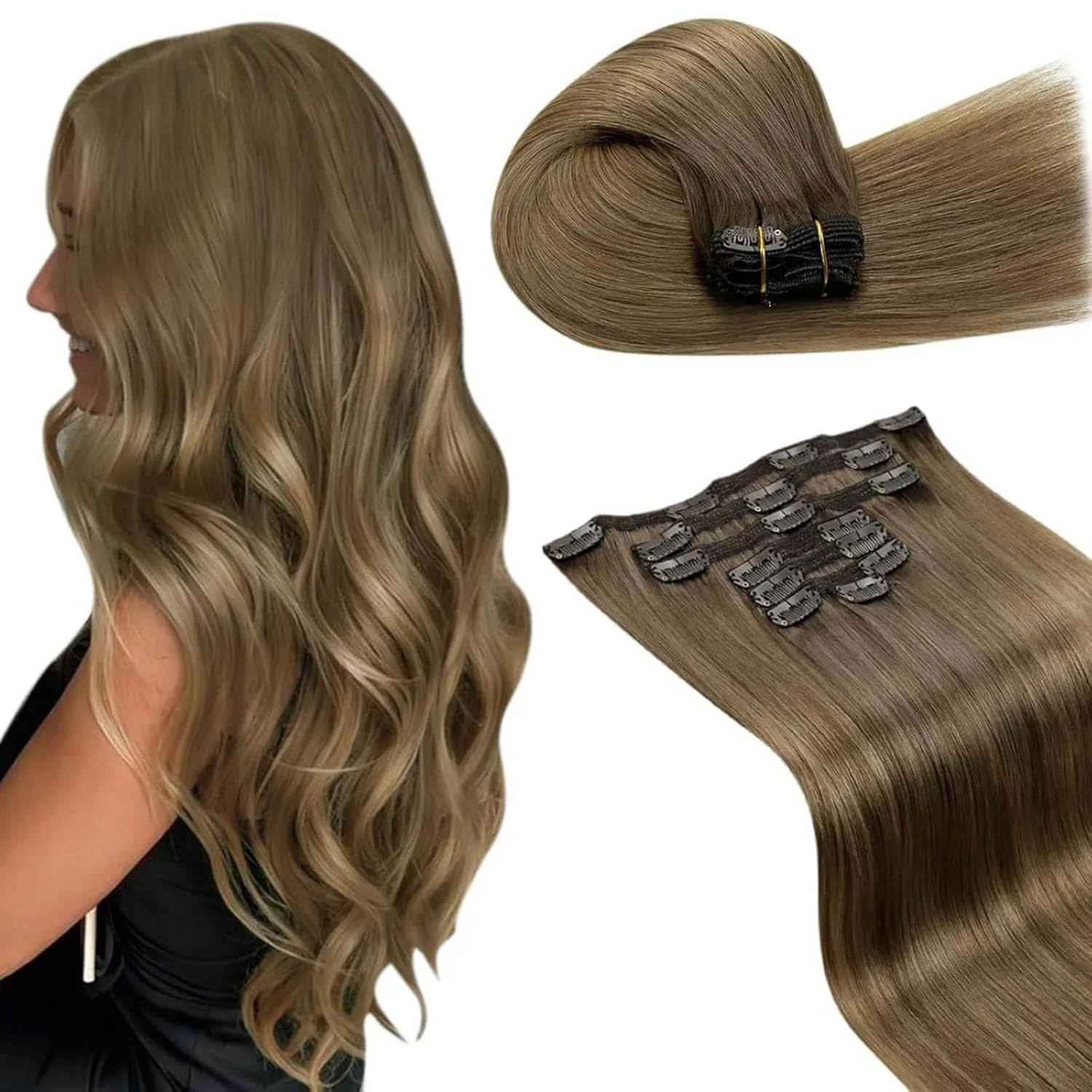 LaaVoo Clip in Extensions Balayage Aschiges Hellbraun mit Beigenuancen Extensions Echthaar Clip Hellbraun Ombre Dunkelb…