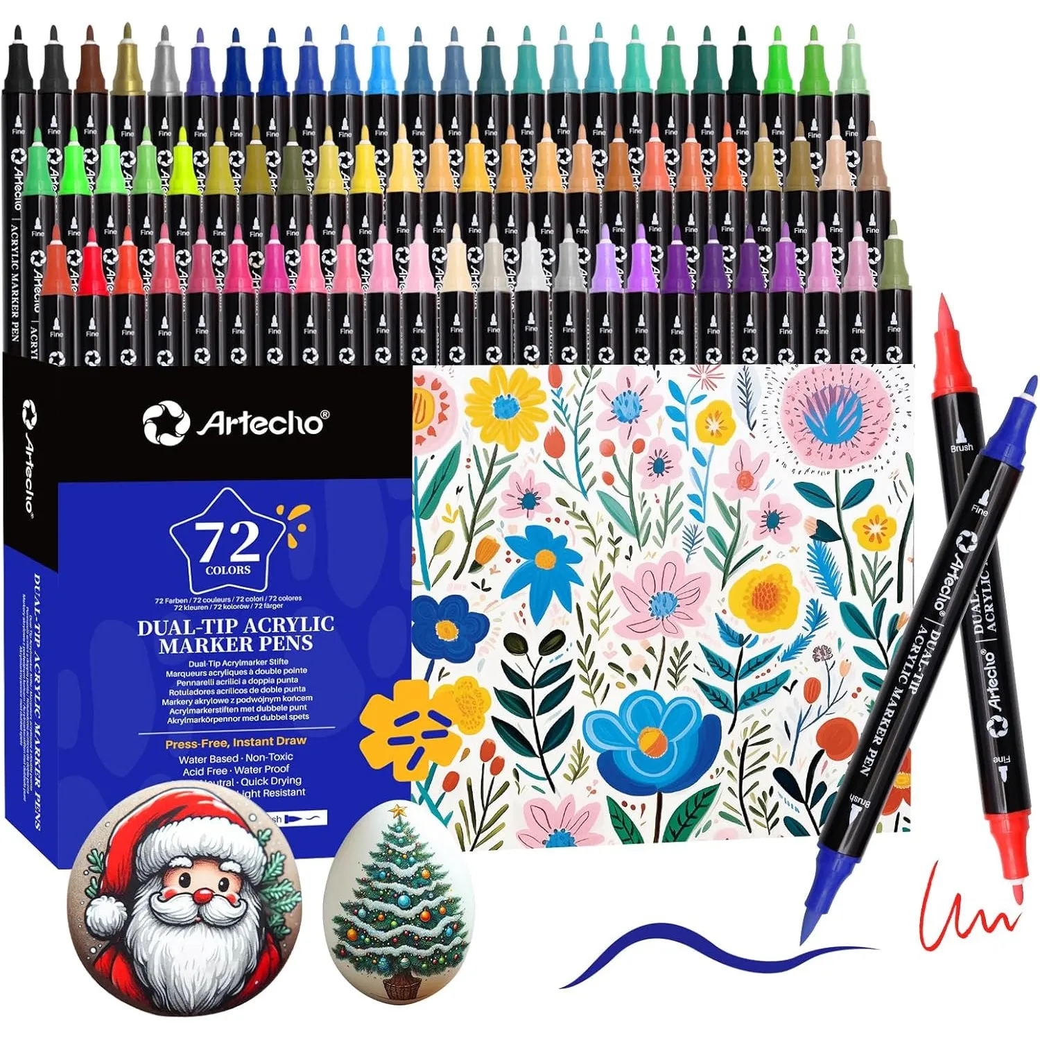 Artecho Acrylstifte 72 Farben, 0.5-5mm Wasserfester Dual Tip Marker (Pinsel und feine Spitze), mit doppelten Enden für …
