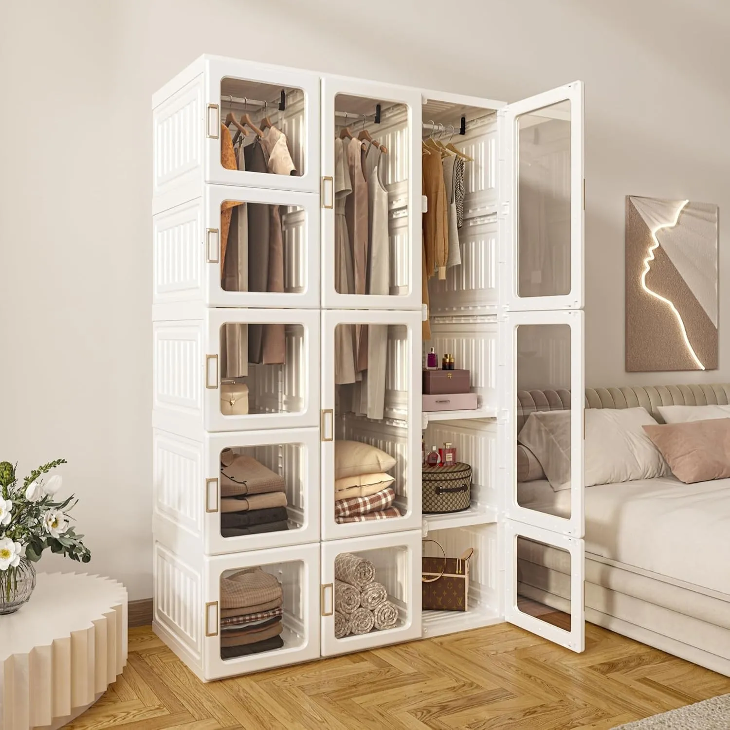 Zusammenklappbarer Kleiderschrank,104x170x50cm, schnelle Montage, vielseitiger Schrank mit Kleiderstange und Magnettüre…
