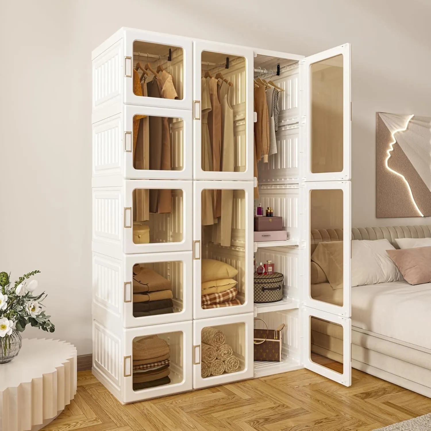 Zusammenklappbarer Kleiderschrank,104x170x50cm, schnelle Montage, vielseitiger Schrank mit Kleiderstange und Magnettüre…
