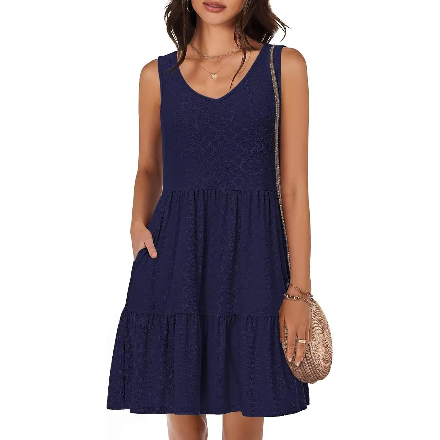 Tanmolo Sommerkleid Damen Knielang,V-Ausschnitt Taschen | Kleid Damen Sommer Kurz, Strandkleid, ärmellos. Swing, elasti…