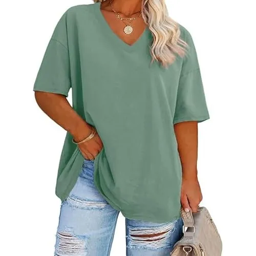 Fisoew Damen Große Größen T Shirt V-Ausschnitt Oberteil