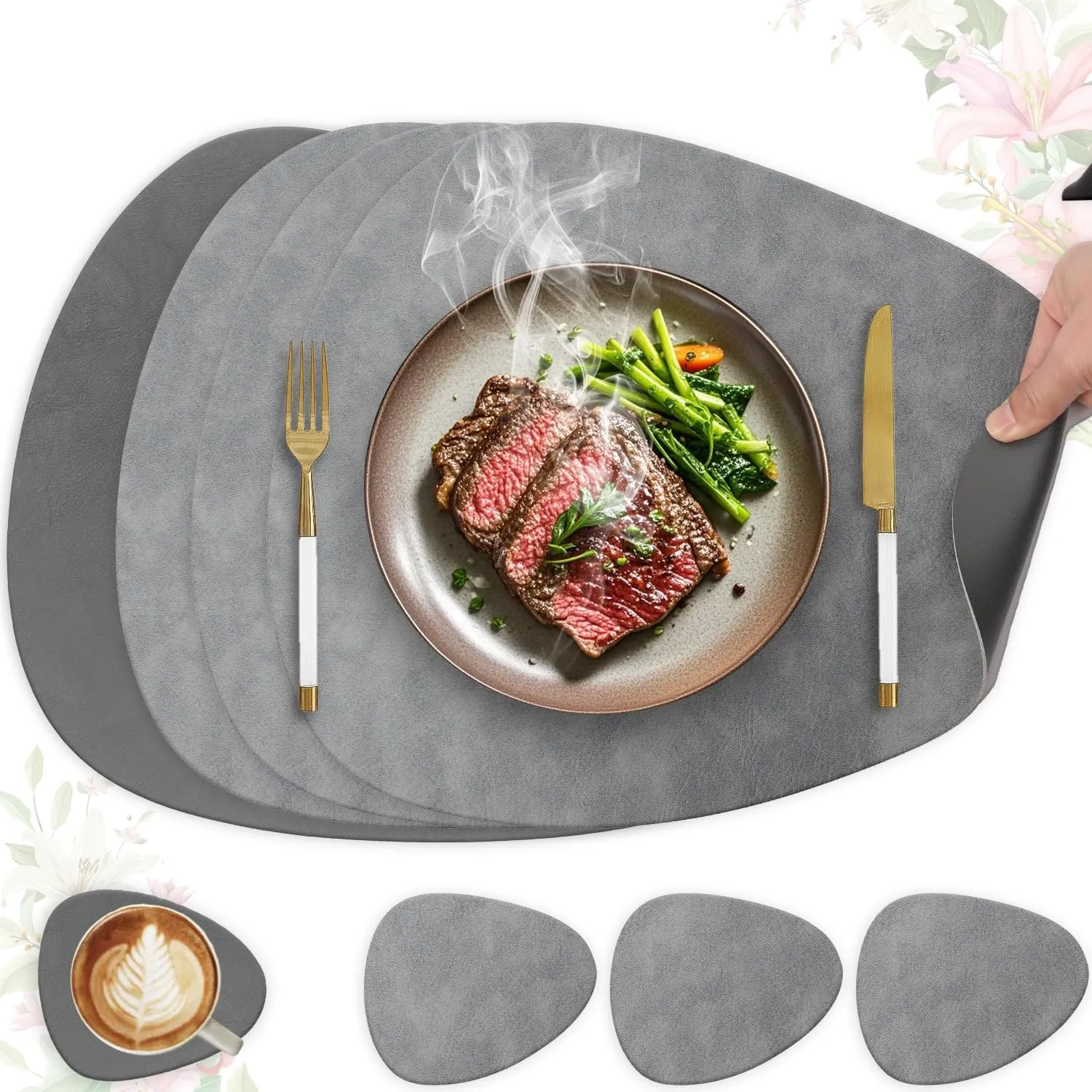 HELI MIAO 4er Set Tischset aus Leder-Imitat，Platzsets abwaschbar und wasserdicht，Platzdeckchen Lederoptik mit Untersetz…