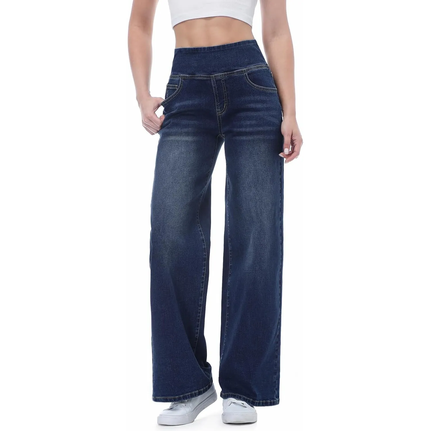Baggy Jeans Damen,Pull On Wide Leg Jeans Mit Gummibund High Waist Stretch,Weites Bein Jeans Damen Mit 4 Taschen