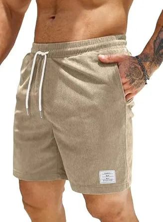 Elegancity Men's Corduroy Shorts Casual Sweatpants Short Summer Drawstring Gym Shorts with Pocket S-3XL