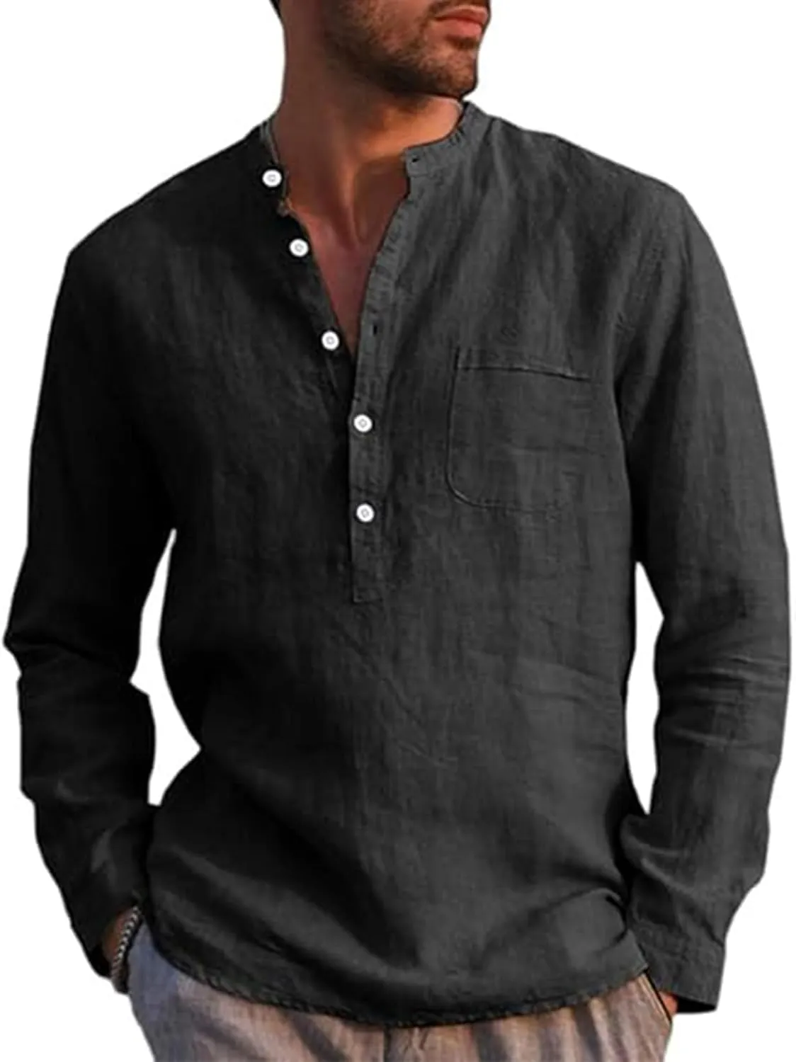 Runcati Men's Linen Shirt Long Sleeve Cotton Linen Shirt Men's Casual Shirt Regular Fit Beach Summer Shirt