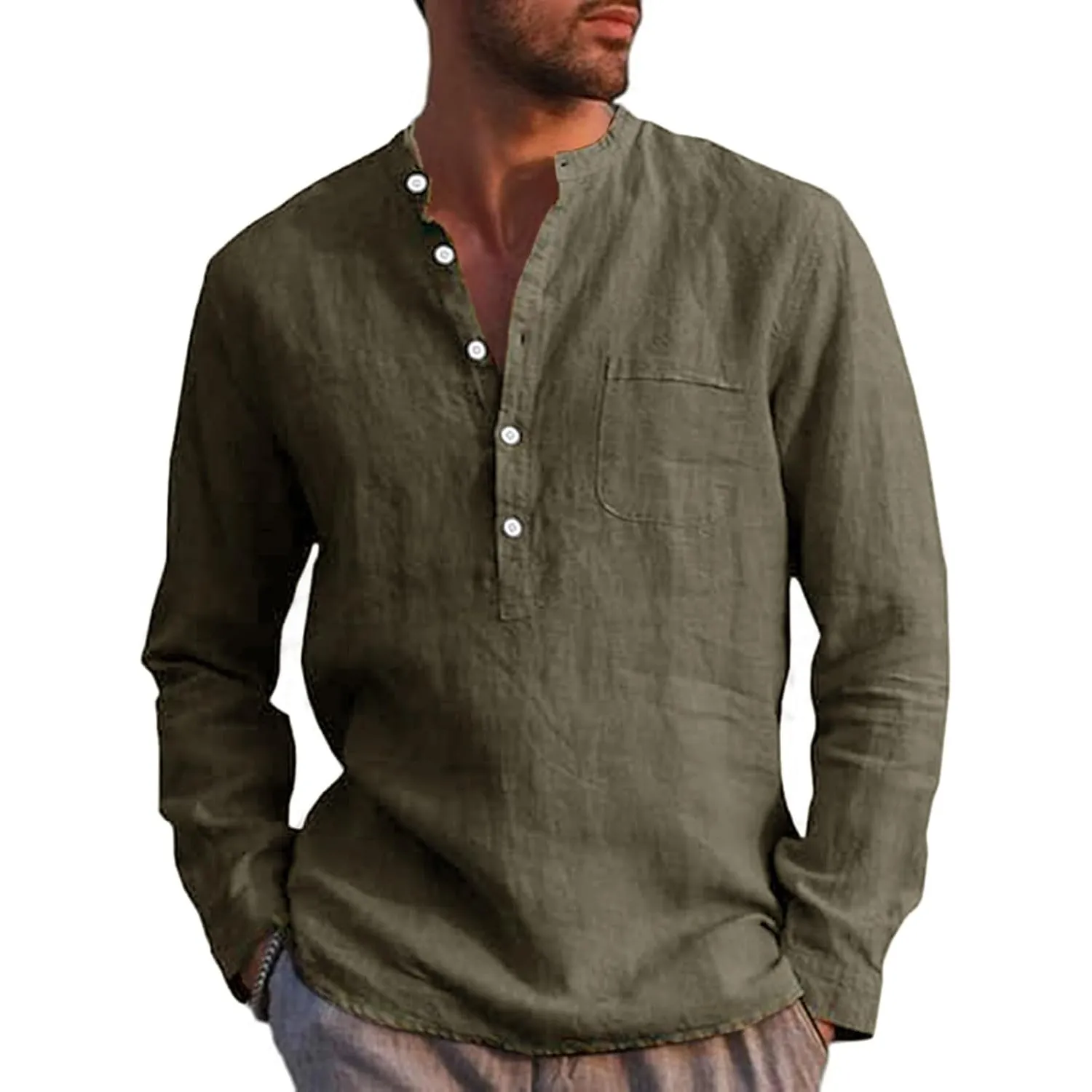 Runcati Herren Leinenhemd Langarm Baumwolle Leinen Shirt Männer Freizeithemd Regular Fit Strand Sommerhemd