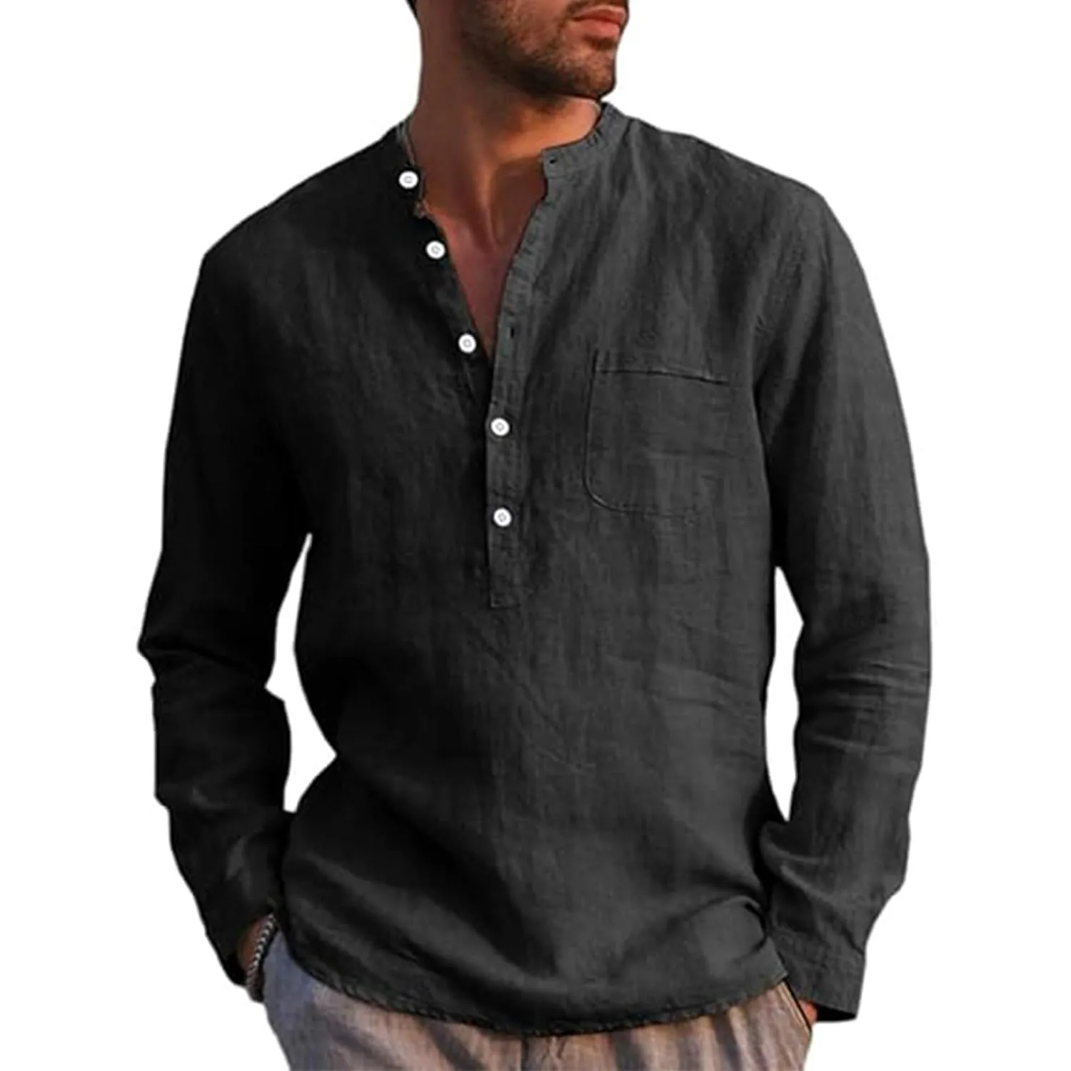 Runcati Herren Leinenhemd Langarm Baumwolle Leinen Shirt Männer Freizeithemd Regular Fit Strand Sommerhemd