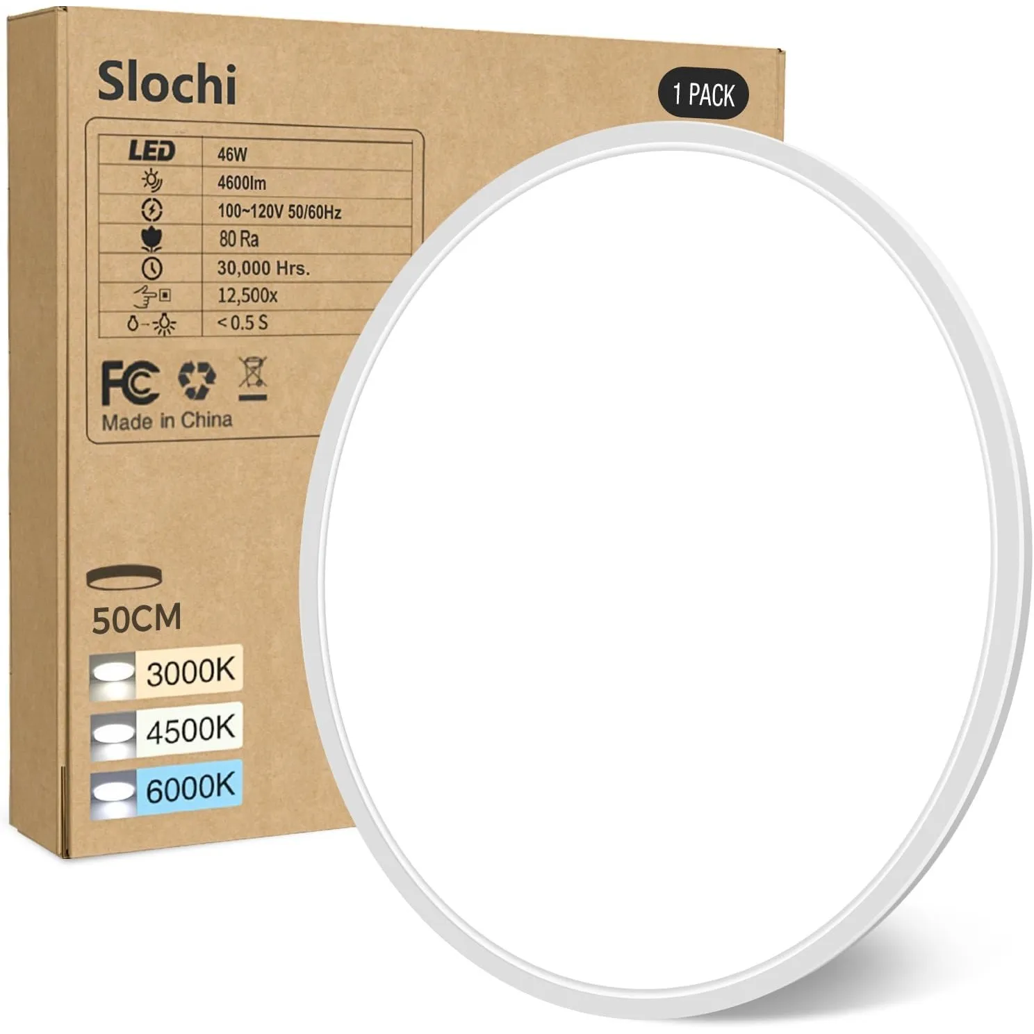 slochi Deckenlampe LED Deckenleuchte Flach, Ø50CM 3Farben 46W 4600LM Weiß
