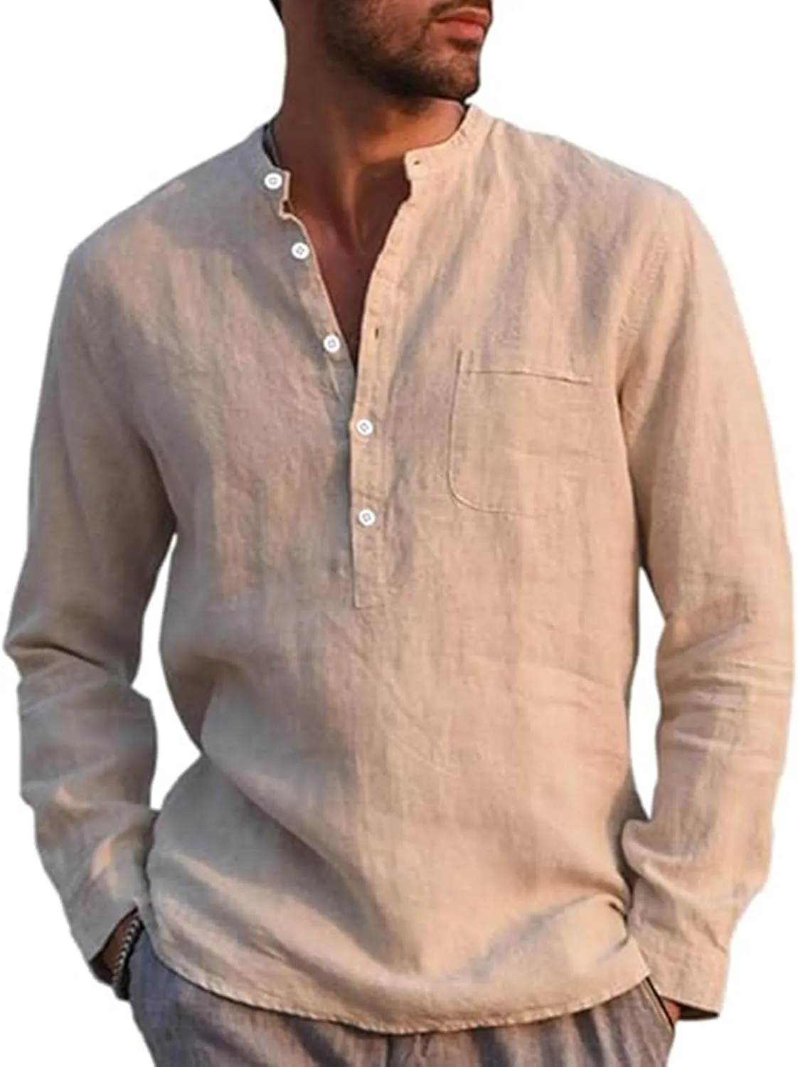 Runcati Men's Linen Shirt Long Sleeve Cotton Linen Shirt Men's Casual Shirt Regular Fit Beach Summer Shirt
