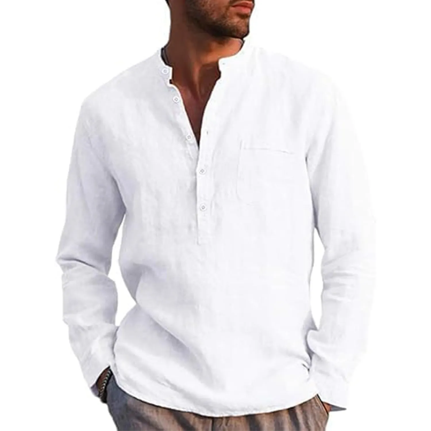 Runcati Herren Leinenhemd Langarm Henley Shirt Männer | Regular Fit, Baumwolle, Leinen, Sommer, Freizeit, mit Tasche, S…