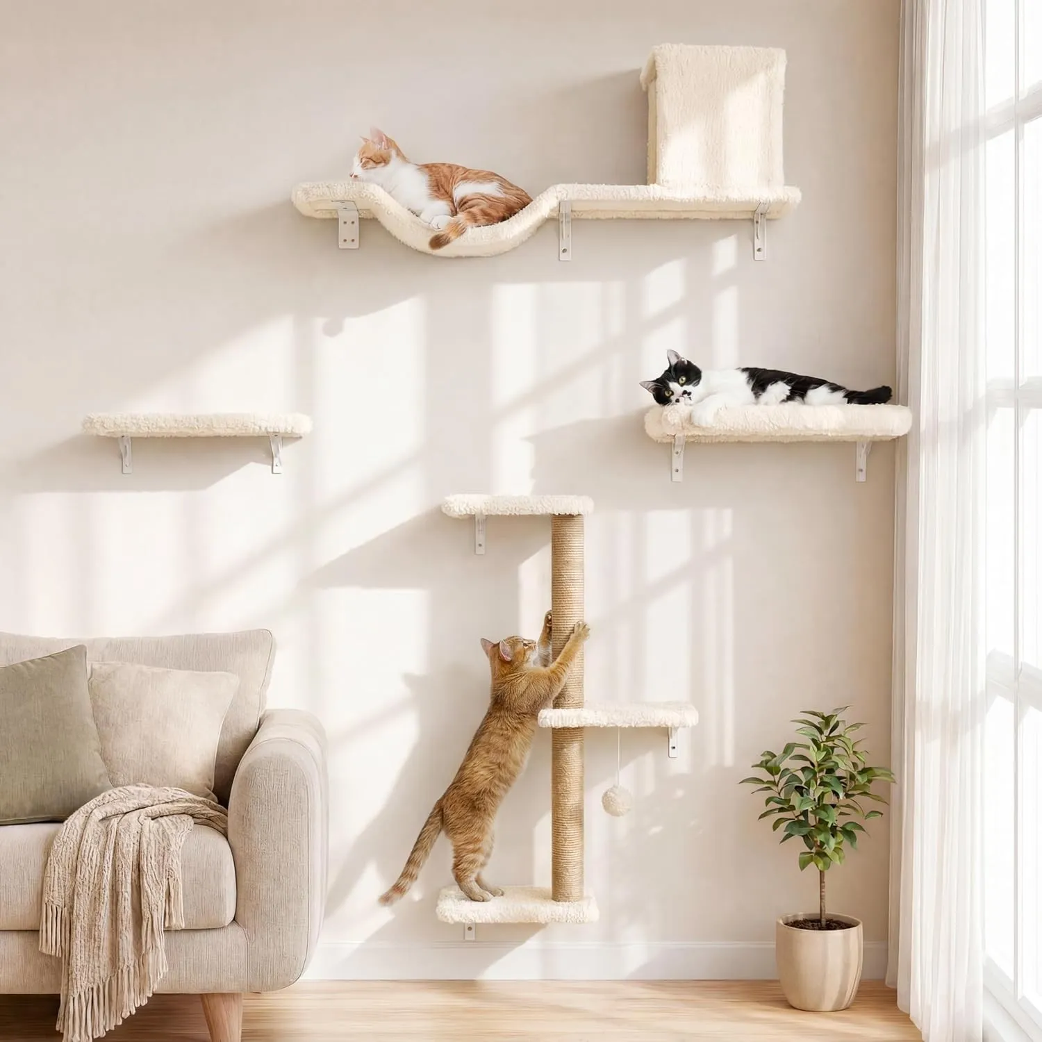 FUKUMARU Kletterwand Katzen Set, 10-teilig Katzen Kletterwand Set, aus robuster Multiplexplatte，Hängematte Katze mit Ka…
