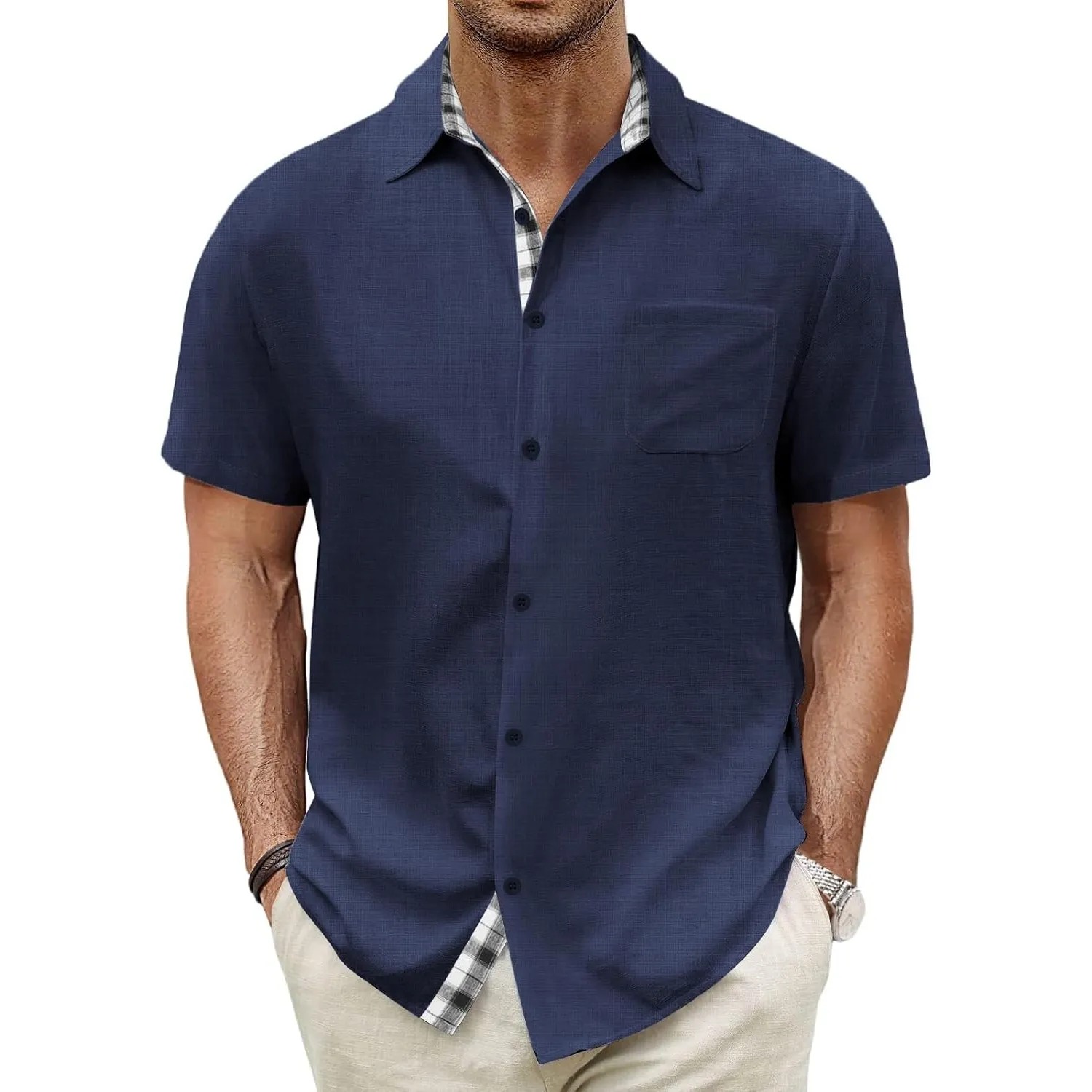 HMIYA Herren Kurzarm Hemd 100% Baumwolle Button Down Freizeithemden Sommer Strand Regular Fit Shirt