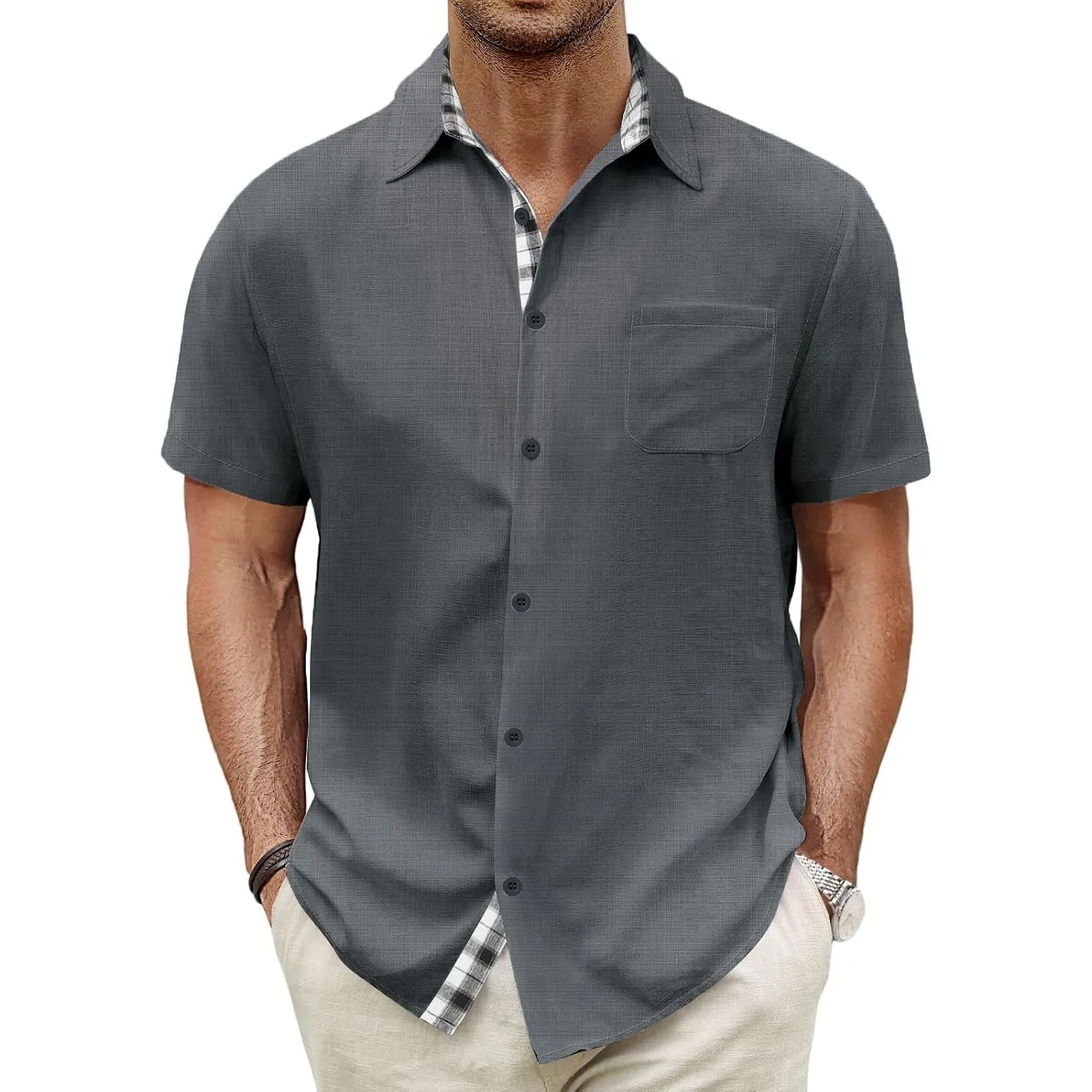 HMIYA Herren Kurzarm Hemd 100% Baumwolle Button Down Freizeithemden Sommer Strand Regular Fit Shirt