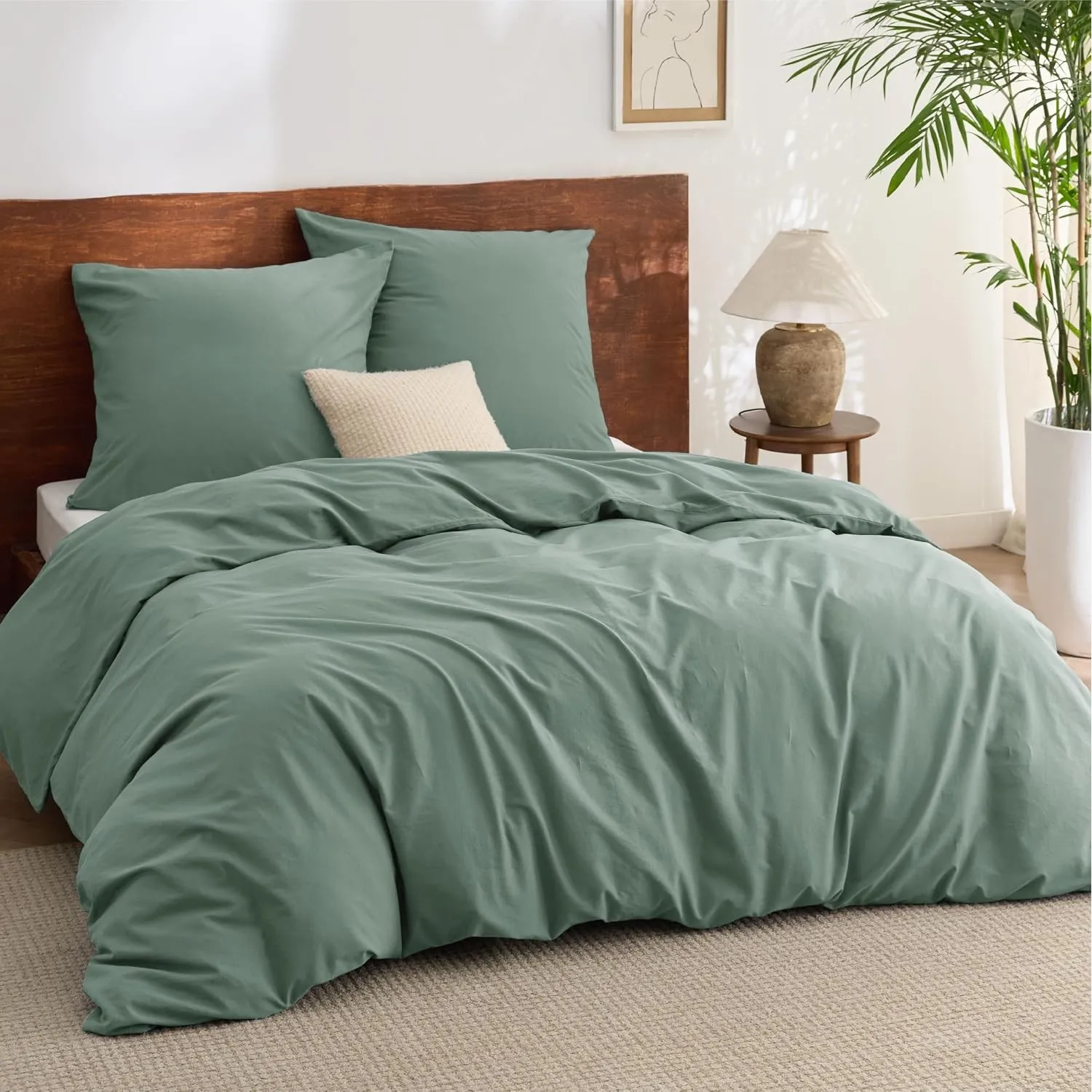 BEDSURE Bettwäsche 200x200 Baumwolle 3teilig -Salbeigrün, 2 Kissen 80x80 cm