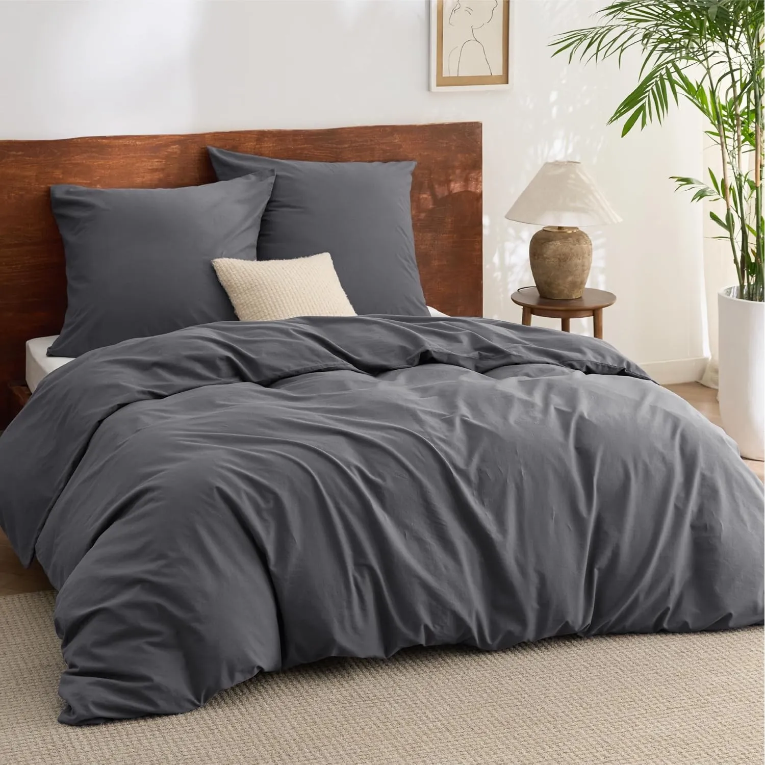 BEDSURE Bettwäsche 200x200 Baumwolle 3teilig - Anthrazit, 2 Kissen 80x80 cm