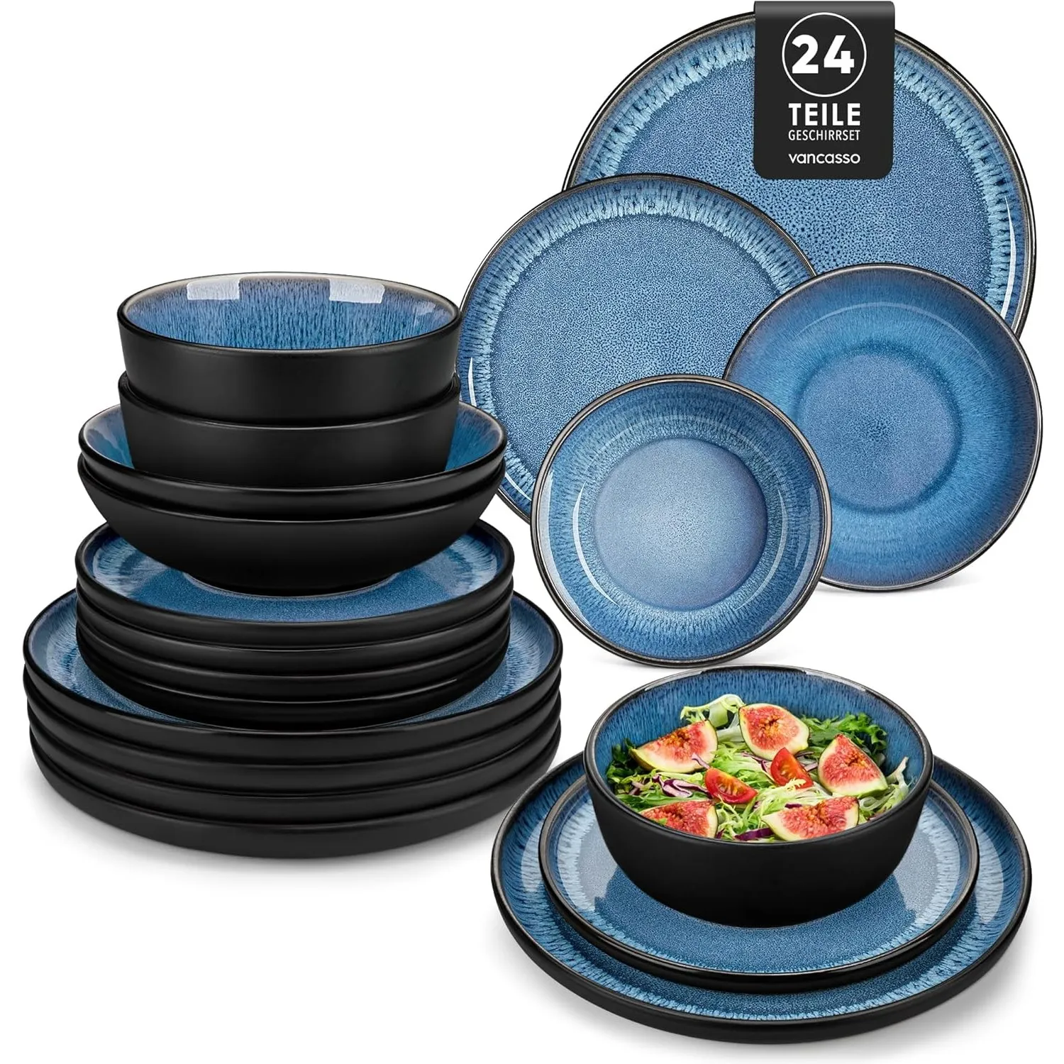 Geschirrset 6 Personen, vancasso PLAYA Steingut Geschirr set 24tlg für 6 Personen, Blau Tafelservice mit Teller set, Su…