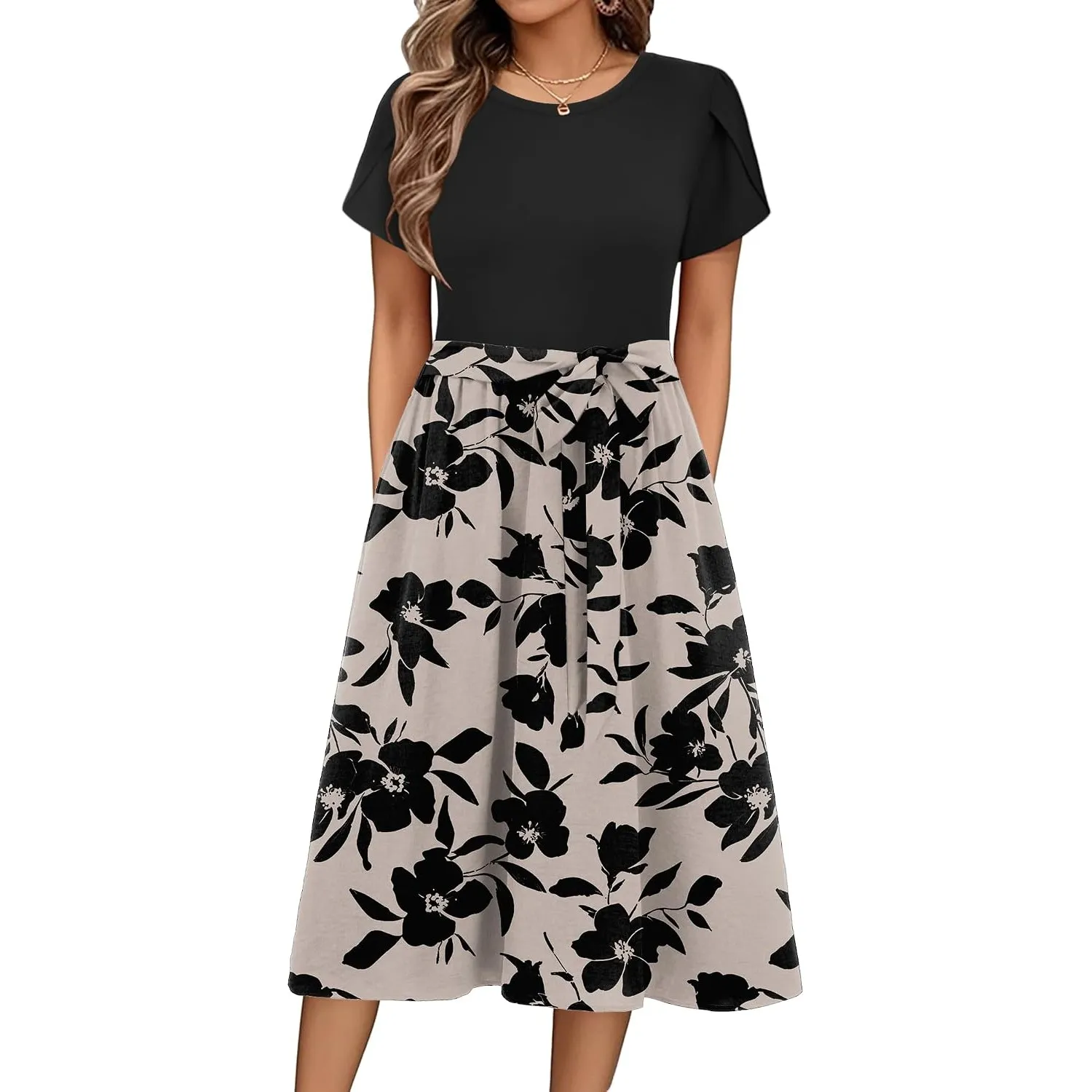 Zeagoo Sommerkleid Damen Elegant Midikleid A-Linie Strandkleid mit Taschen | Kleid Damen | Rundhals Kleider | Freizeitk…