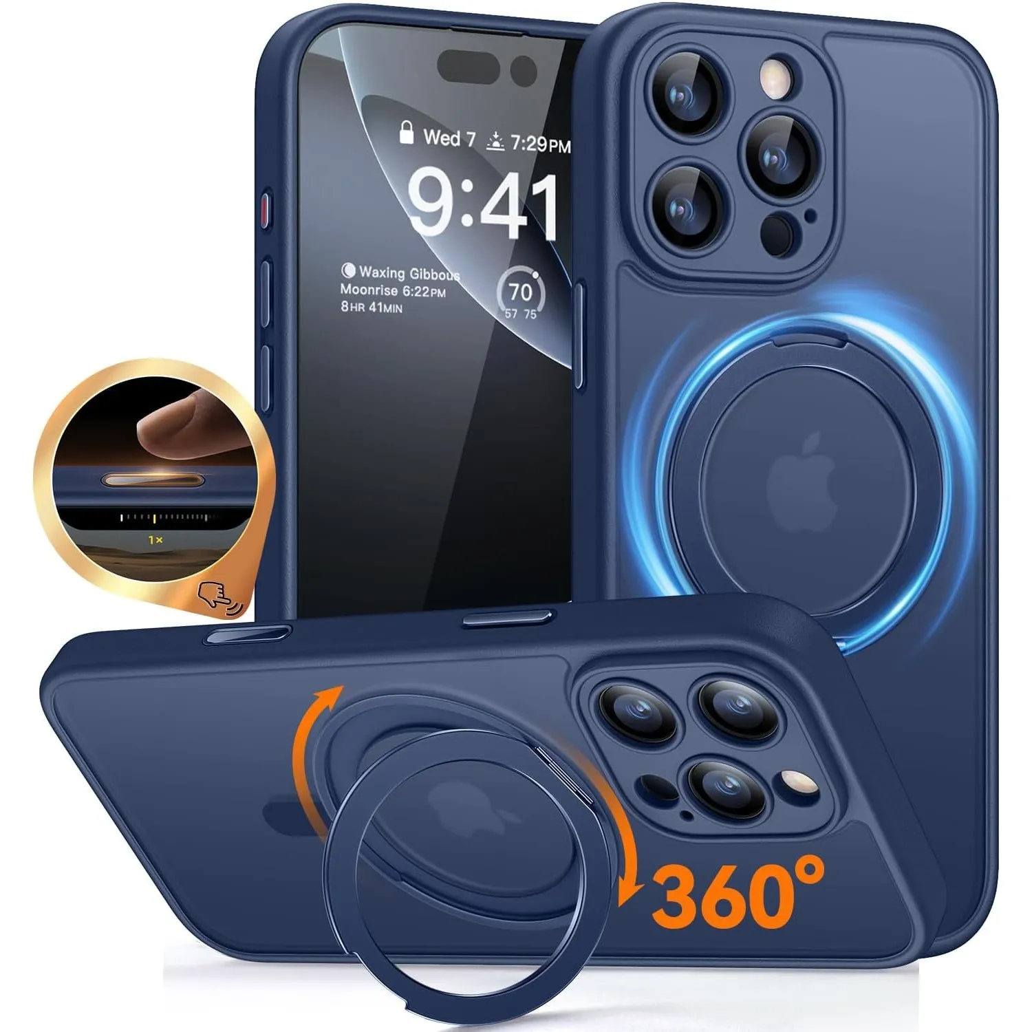 CANSHN 360° Ständer für iPhone 16 Pro Hülle, Matt Dunkelblau