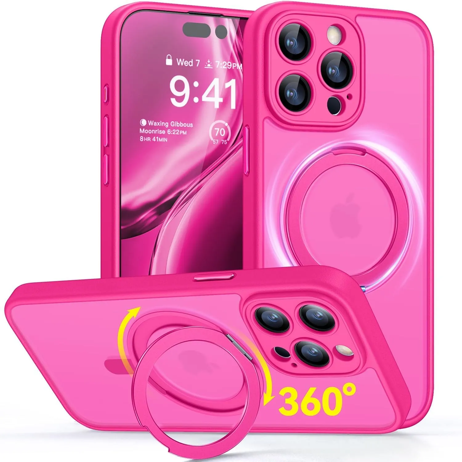 CANSHN 360° Ständer für iPhone 15 Pro Hülle, Matt Leuchtend Rosa