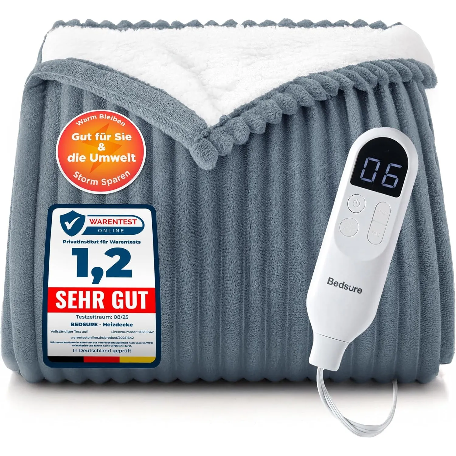 BEDSURE Heizdecke Elektrische Kuscheldecke - 130x180cm, Gestreift Grau