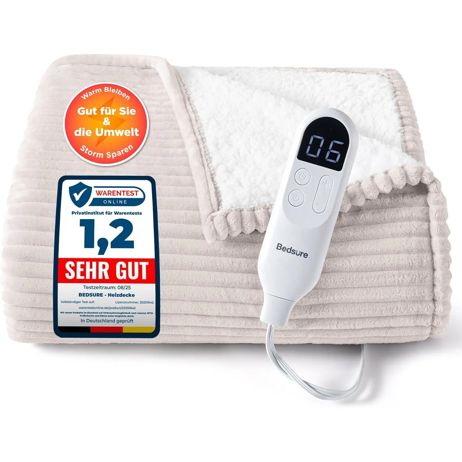 BEDSURE Heizdecke Elektrische Kuscheldecke - 130x180cm, Gestreift Natur