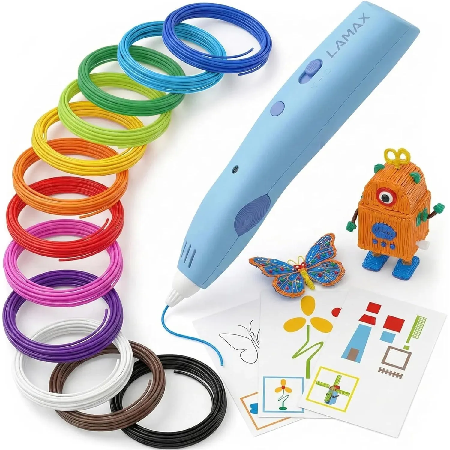 LAMAX ArtKid1 3D Stift für Kinder – kabelloser 3D-Druckstift mit TouchSafe, 37 m 12 PCL-Filamentfarben, USB-C, 2 Geschw…