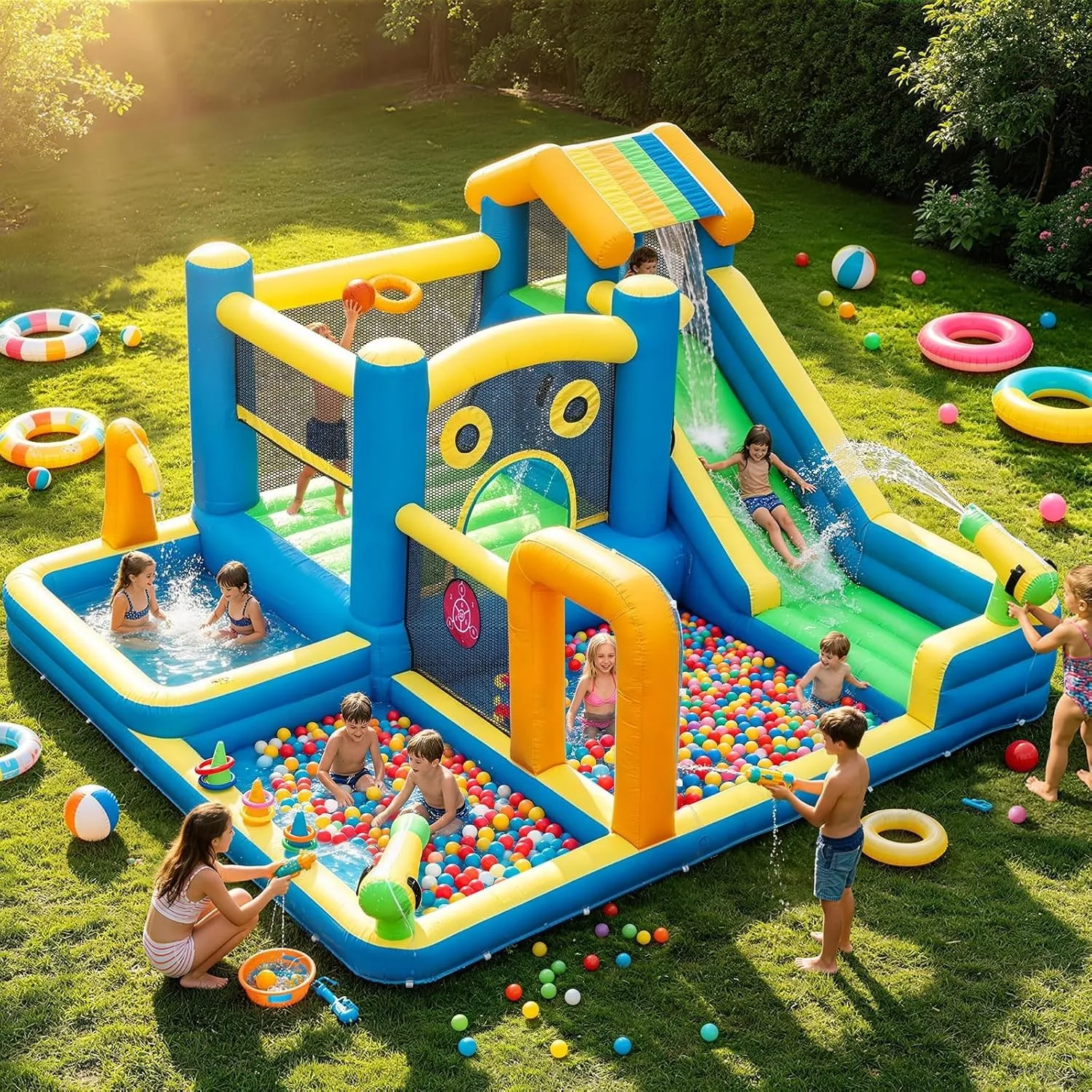 Hüpfburg für Kinder, 10 in 1 Aufblasbare Hüpfburg mit Wasserrutsche, Wasserspritzern, Klettern, Springen, Fußballfeld u…