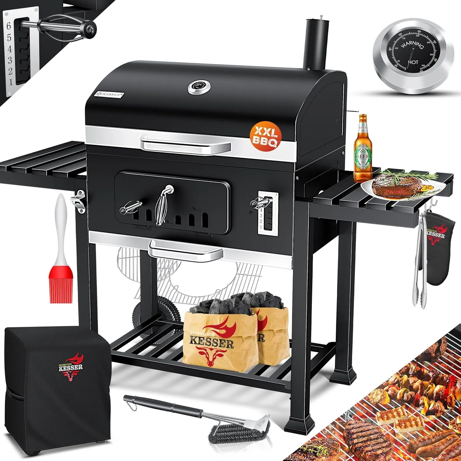 KESSER® Holzkohlegrill XXL Grillwagen Set mit Deckel & Thermometer – großer BBQ Kohlegrill Wagen, Smoker Grill mit Kami…