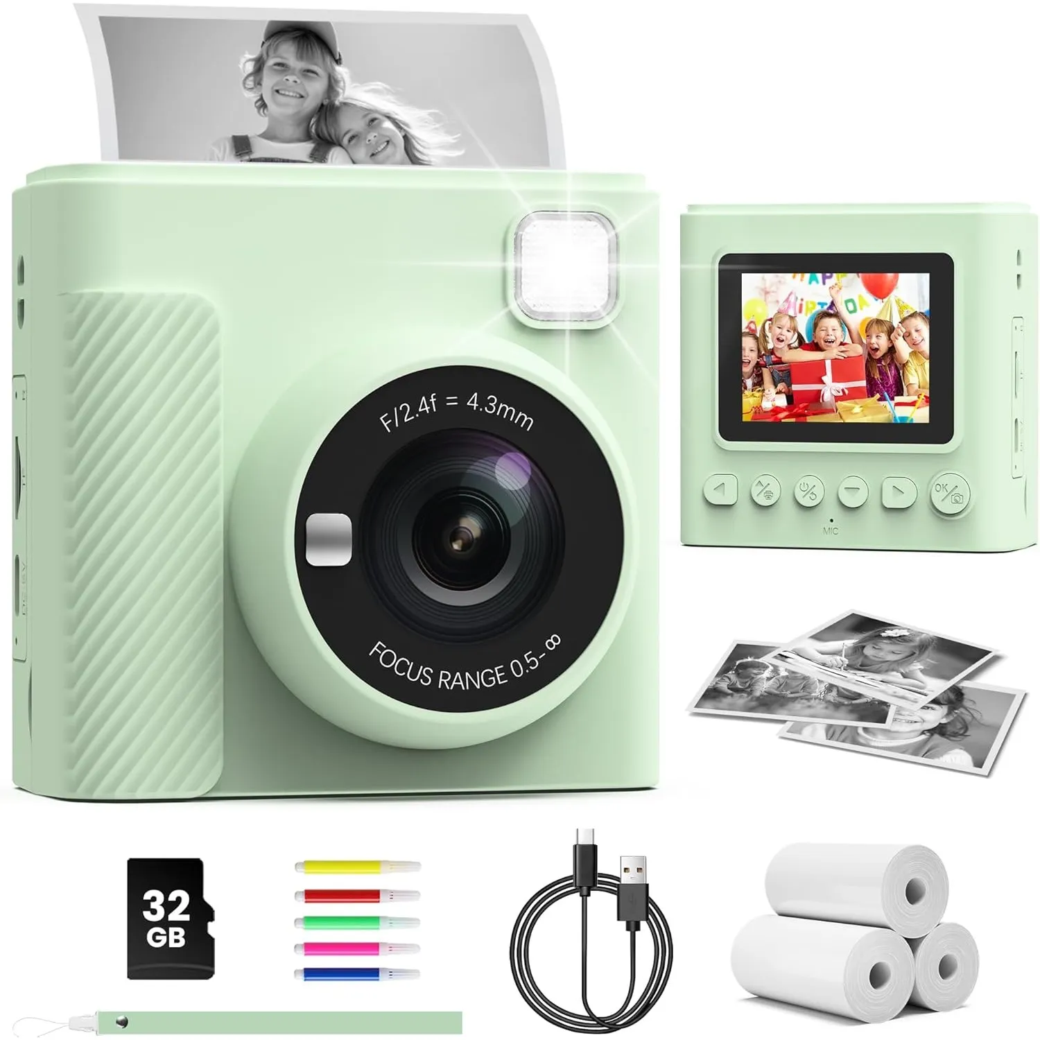 TIATUA Kinderkamera Sofortbildkamera, 2,4 Zoll Sofortbildkamera Kinder mit 32G Karte und Fotopapier Drucken, 1080P HD D…